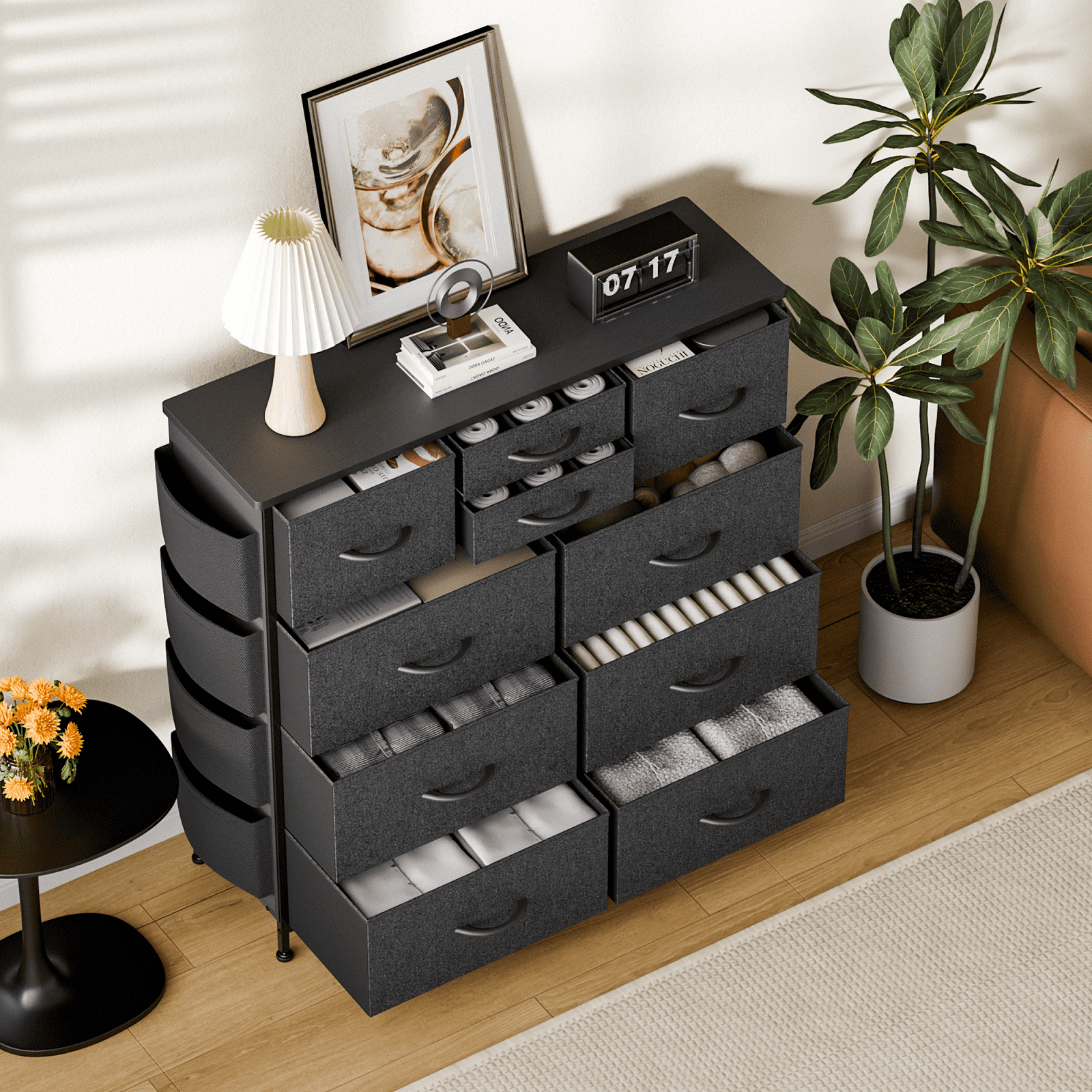 Aowos 10 Drawer Dresser, Chest of Drawers Dressers for Bedroom with 4 Side Pockets and 2 Hooks, Dark Grey - Image 5