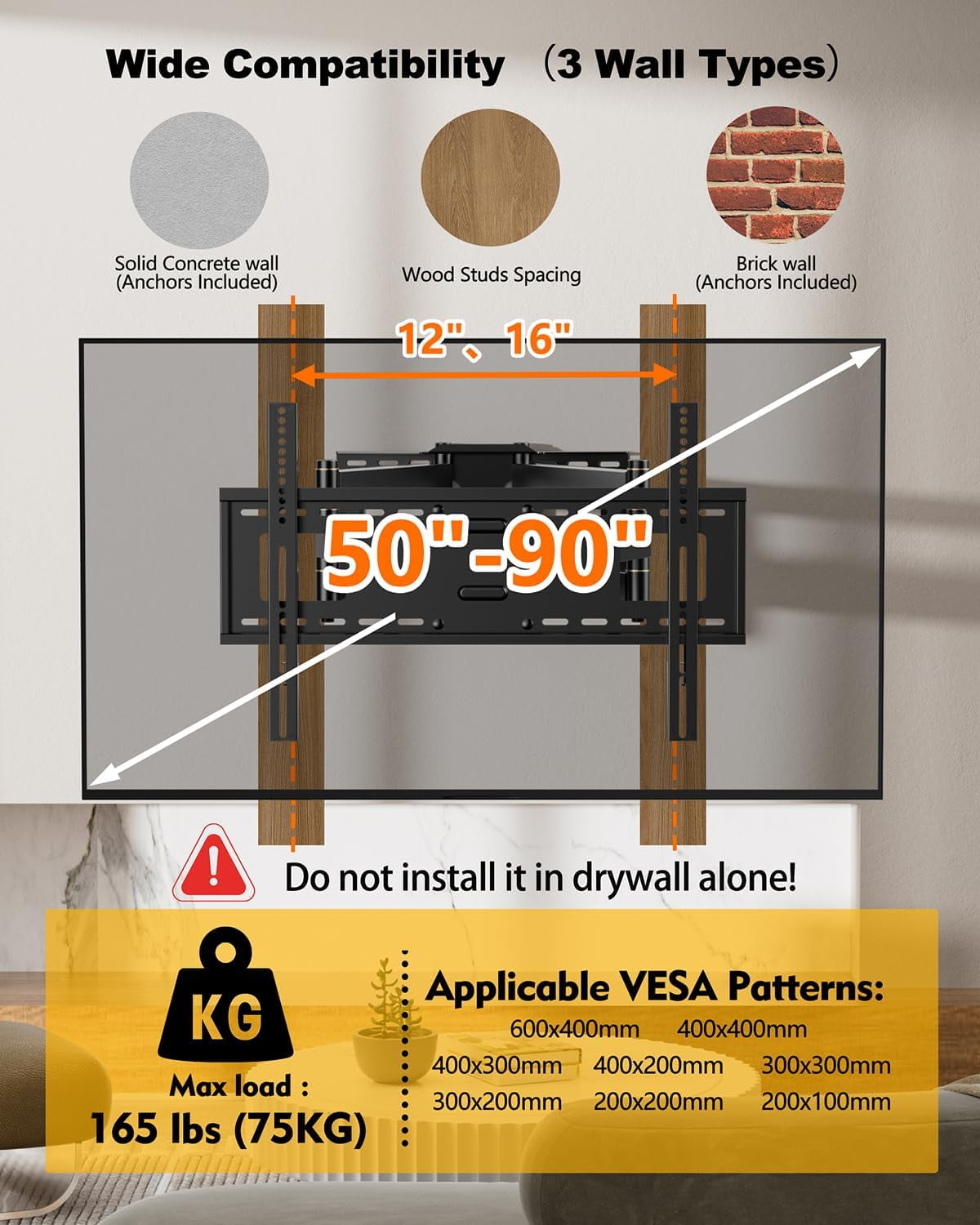 FORGING MOUNT Long Extension TV Mount, Dual Articulating Arm Full Motion Wall Mount TV Bracket with 43 inch Long Arm, Fits 50 to 90 Inch Flat/Curve TVs, Holds up to 132 lbs, max. 600x400mm - Image 2