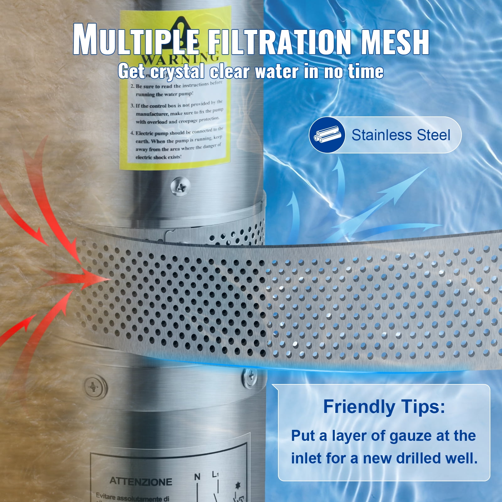 VEVORDeep Well Submersible Pump, 2HP/1500W 230V/60Hz, 37GPM Flow 427 ft Head, with 33 ft Electric Cord, 4 inch Stainless Steel Water Pumps for Industrial, Irrigation & Home Use, IP68 Waterproof Grade - Image 6