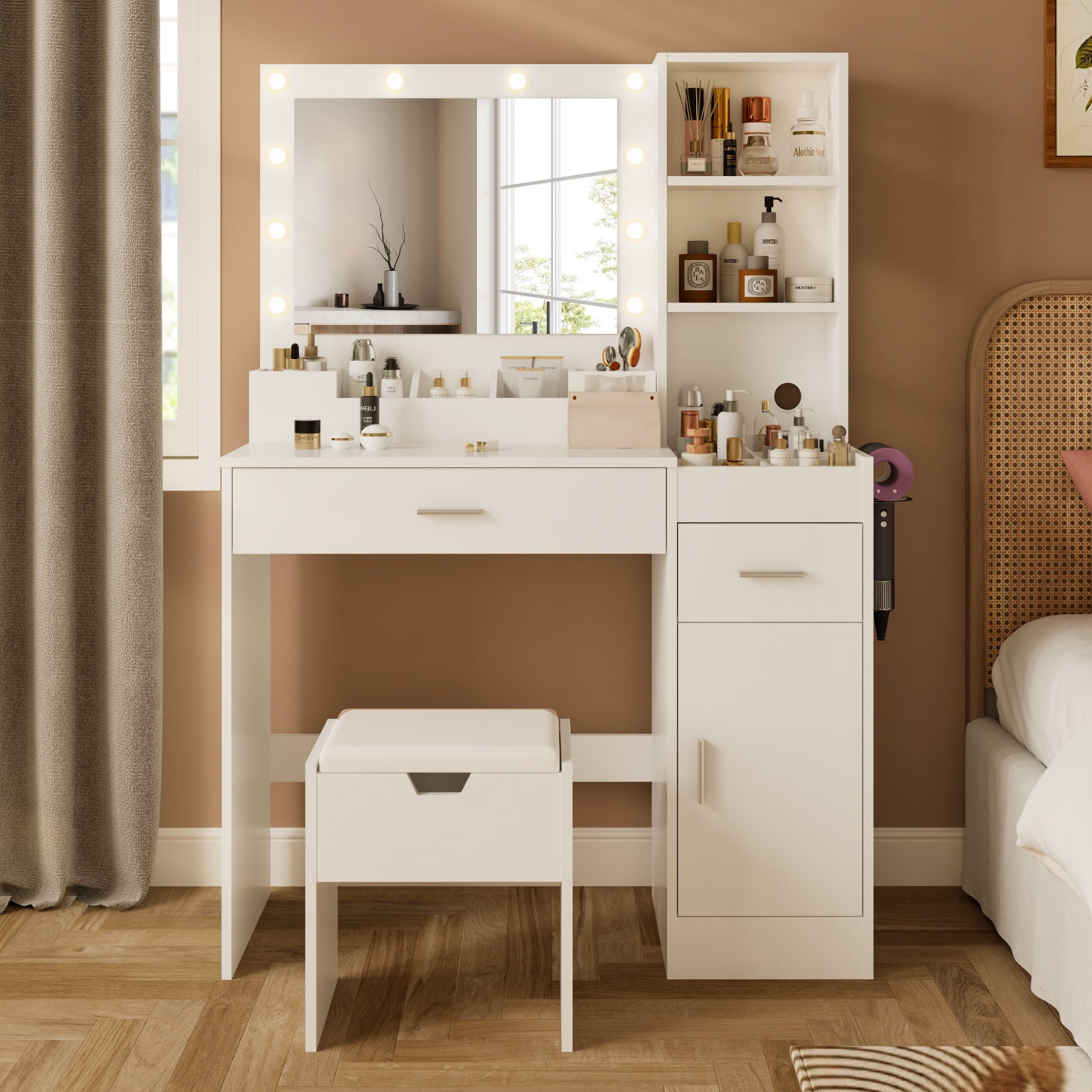 Vanity Table Set with Mirrors and Adjustable Lights ,Makeup vanity With Power Outlet for Bedroom Dressing Room,White - Image 8