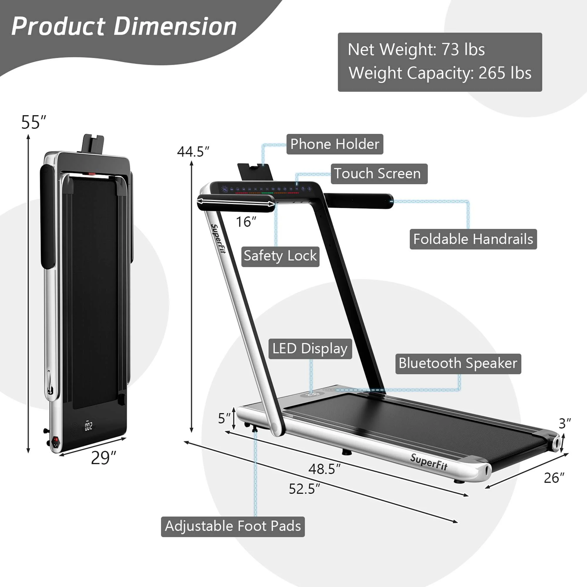 SuperFit Up To 7.5MPH 2.25HP 2 in 1 Dual Display Screen Treadmill Jogging Machine W/APP Control Silver - Image 3