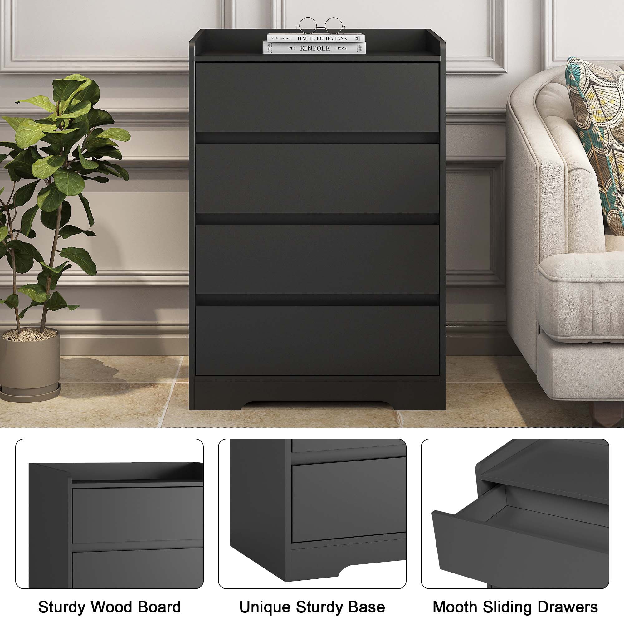 Aukfa Wood 4 Drawer Dresser,Chest of Drawer with Anti-fall Device, Black - Image 6