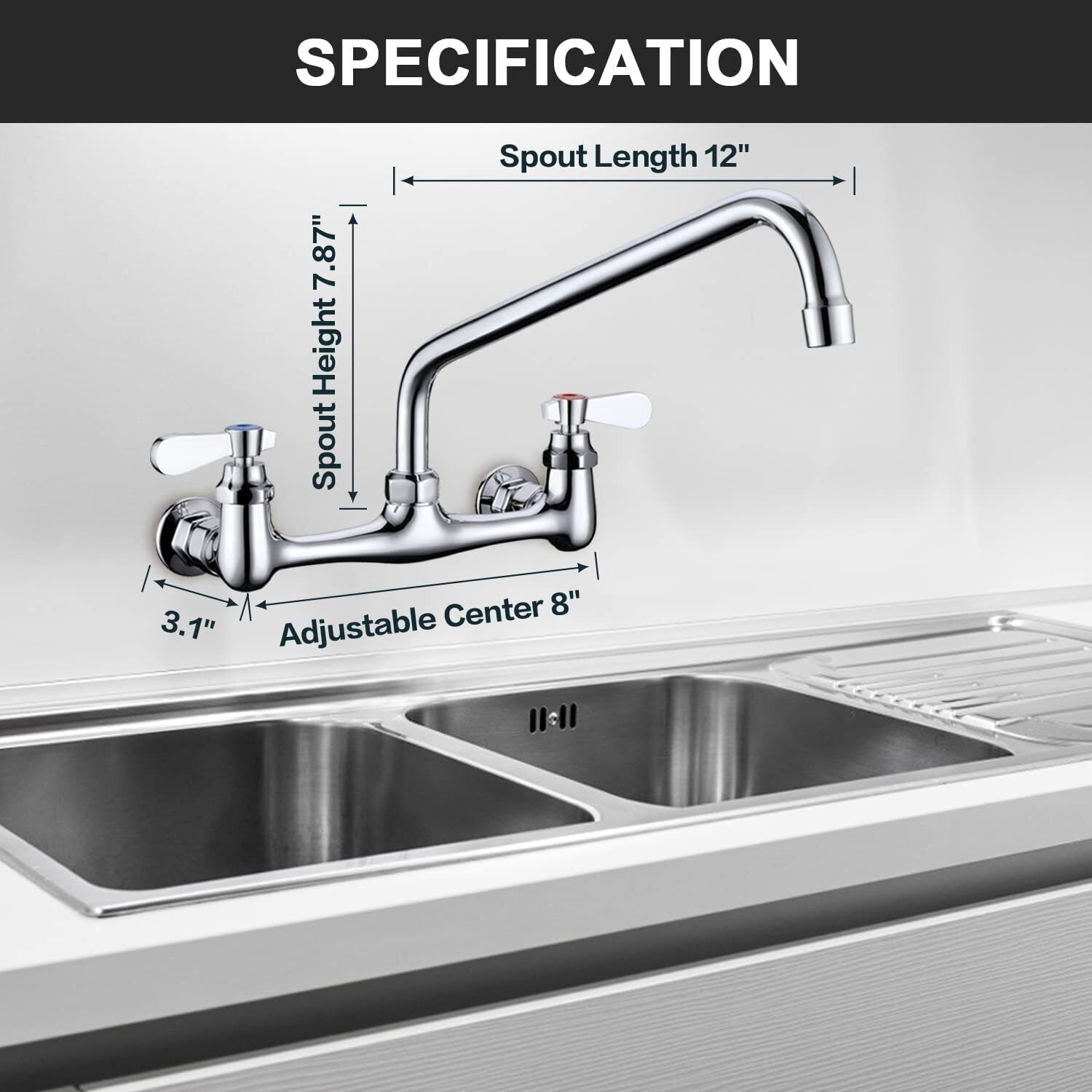 Zovajonia Commercial Kitchen Faucet 8 Inch Center Wall Mount 2Handle Swivel Sink Mixer Tap Polished Chrome - Image 3