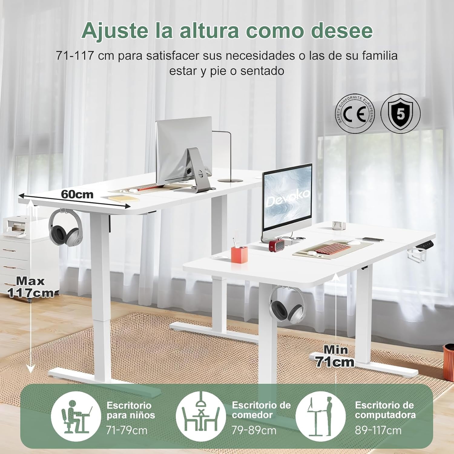 UNIFULL Adjustable Height Office Desk,Electric Ergonomic Desk 120x60 CM,Home and Office Workstation,Modern Gaming Desk (White) - Image 6