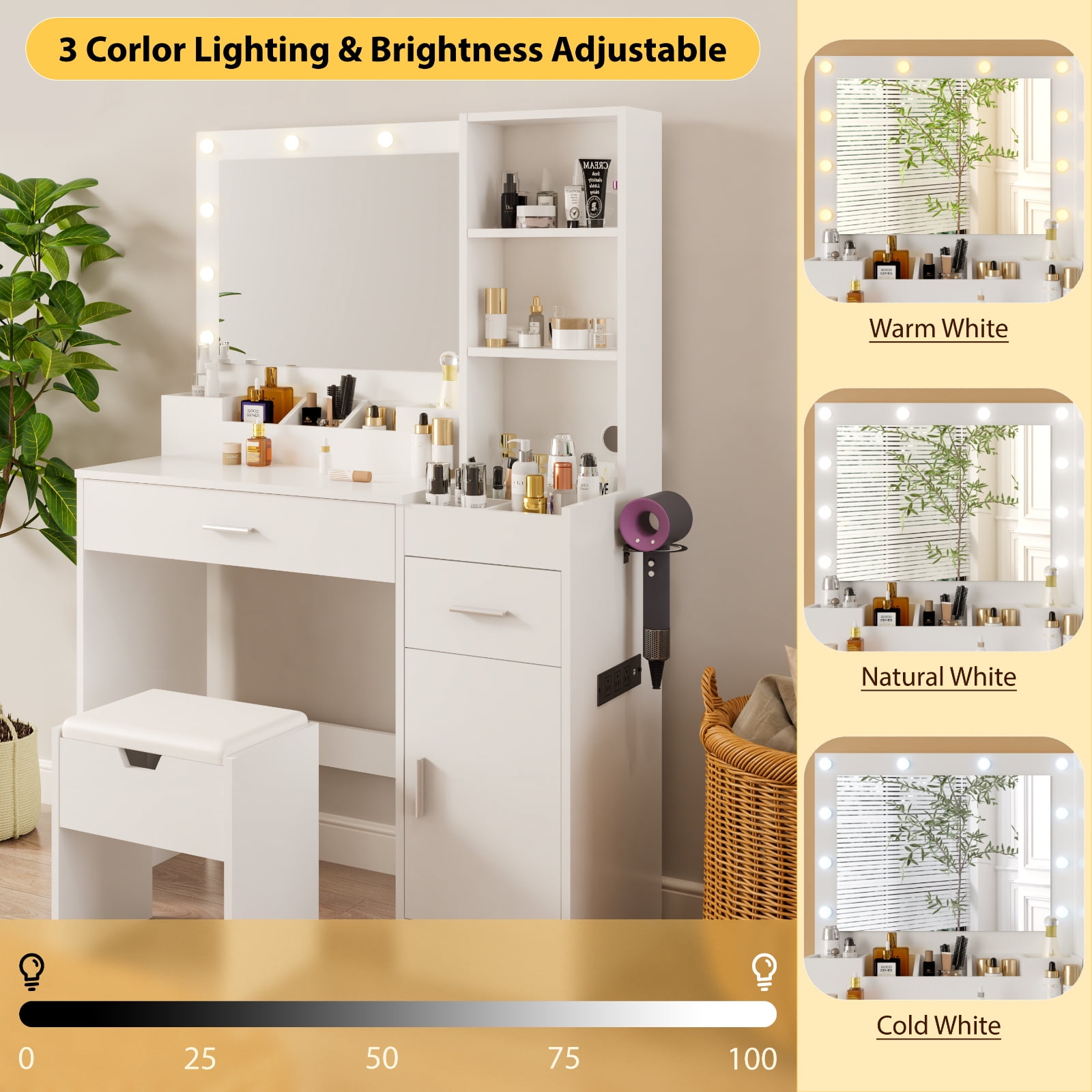 Vanity Table Set with Mirrors and Adjustable Lights ,Makeup vanity With Power Outlet for Bedroom Dressing Room,White - Image 4