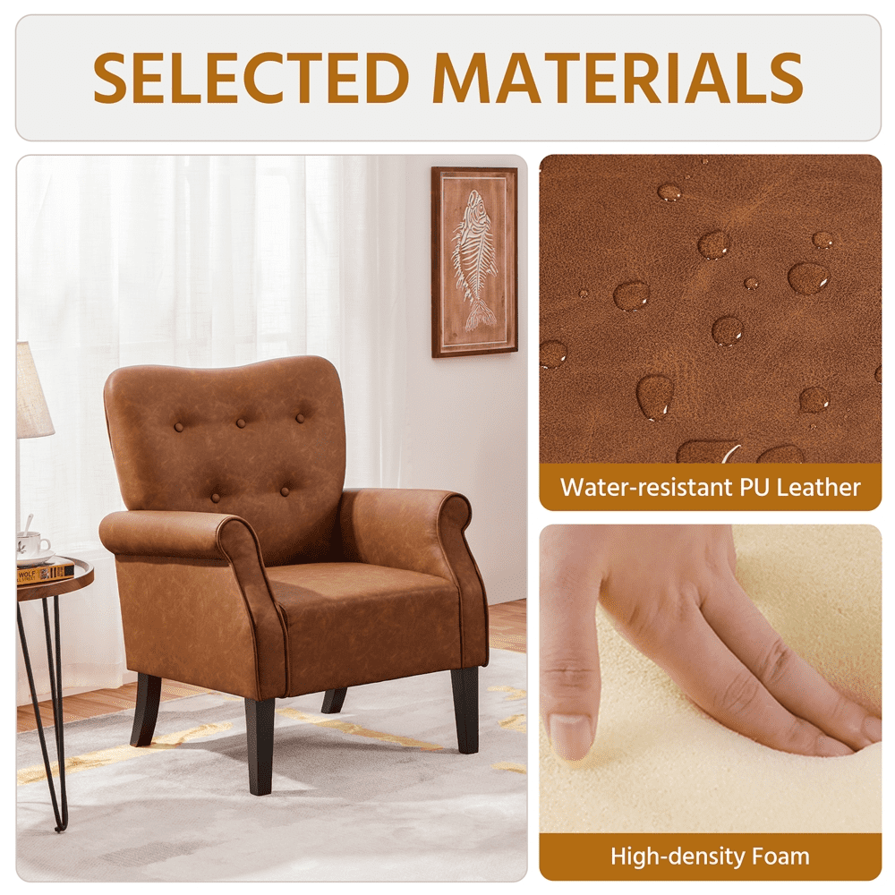 Alden Design Mid-century Faux Leather Accent Chair with Tufted High Back for Living Room, Retro Brown - Image 7