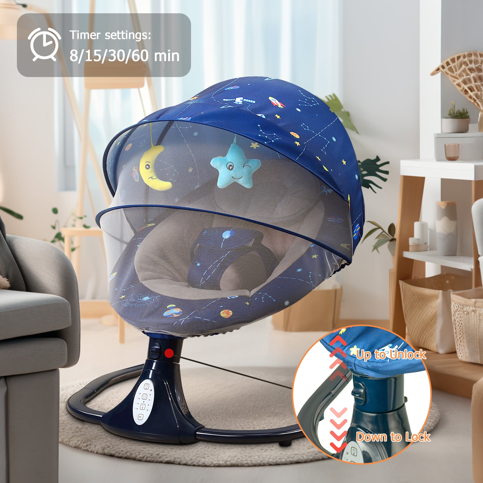 JOJOLAM Electric Baby Swing, Infant Bouncer Chair with Bluetooth Music, 3 Gear Adjustable Seat, 12 Lullabies, 4 Speeds, 4 Timing Set, Blue - Image 6