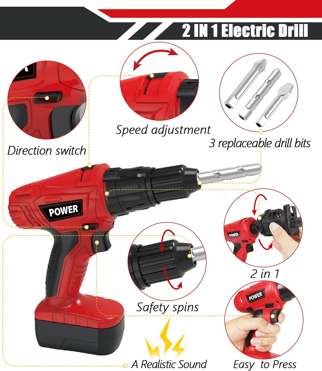 Exercise N Play Kids Power Tool Play Set W/ Electric Toy Drill Chainsaw Jigsaw Toy - Image 4