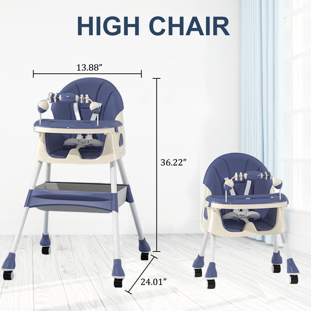 YANAOFFE Baby High Chair 4-in-1 Convertible Baby Highchair with Double-Layer Tray and Toy, Blue - Image 10