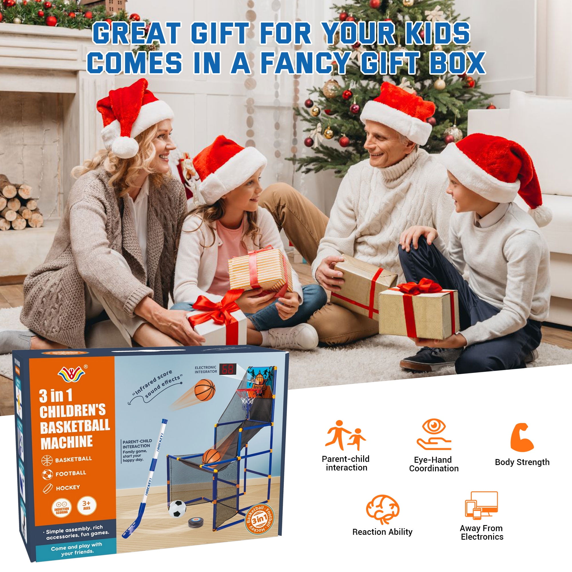 3 in-1 Kids Arcade Basketball Game & Hockey & Soccer, With 4 Basketball Balls, Football, Hockey, Hockey Stick, Pump, Electronic Scoreboard Sound for Toddlers, Basketball Goal for Kids Boys Girls - Image 11