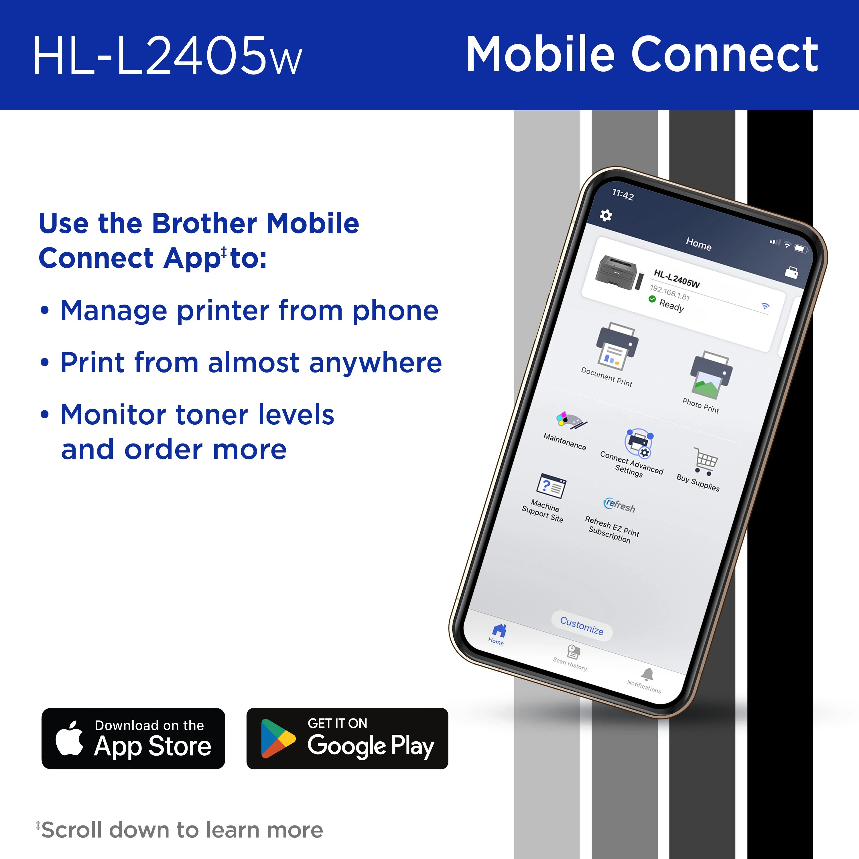 Brother Wireless HL-L2405W Compact Monochrome Laser Printer, Mobile Printing, Refresh Subscription Eligible - Image 5