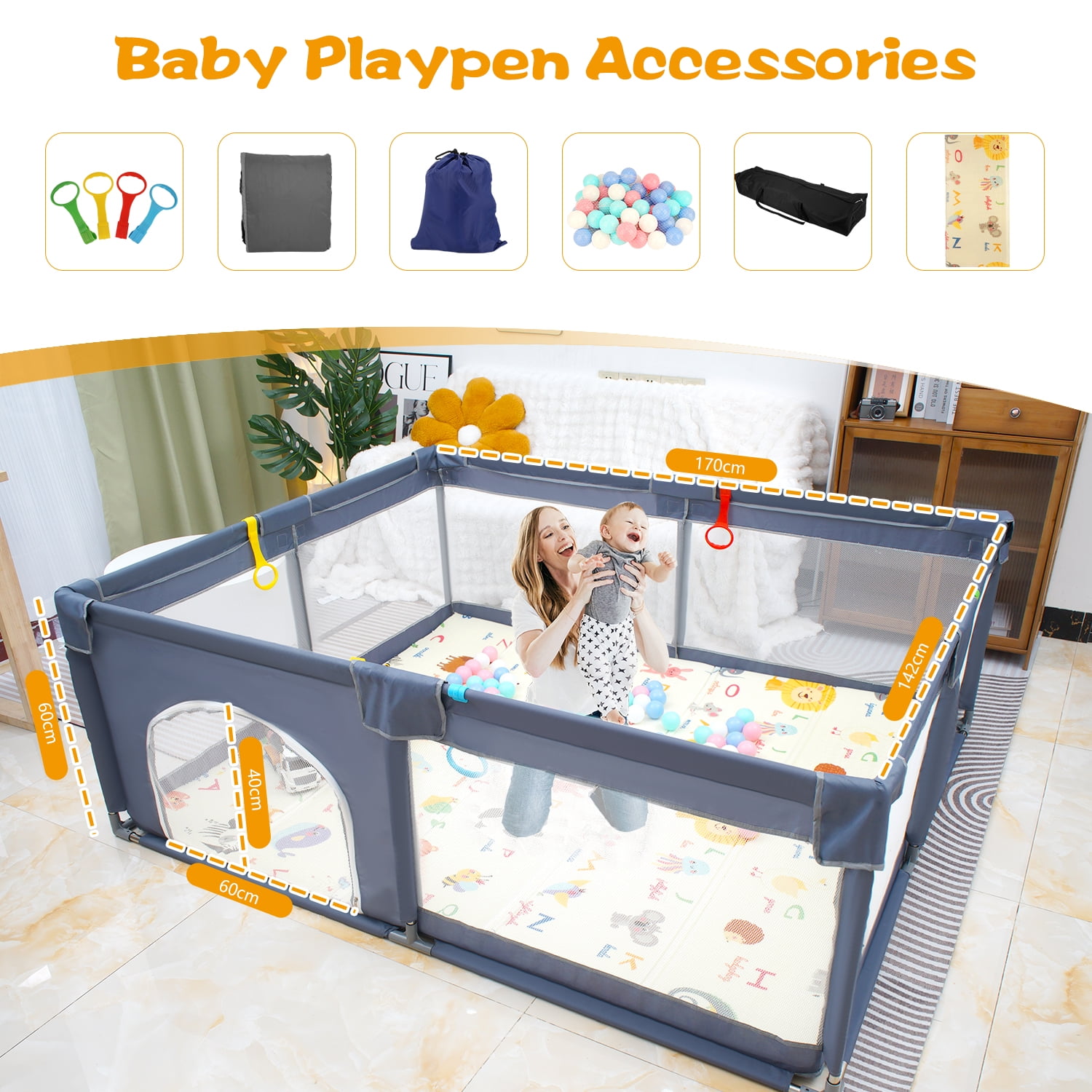 OUKNAK Baby Playpen with Folding Mat, Large Play Yard 71" X 59" X 26.5" for Babies and Toddlers with Zipper Gate Anti-Slip Suckers for Indoor&Outdoor - Image 4
