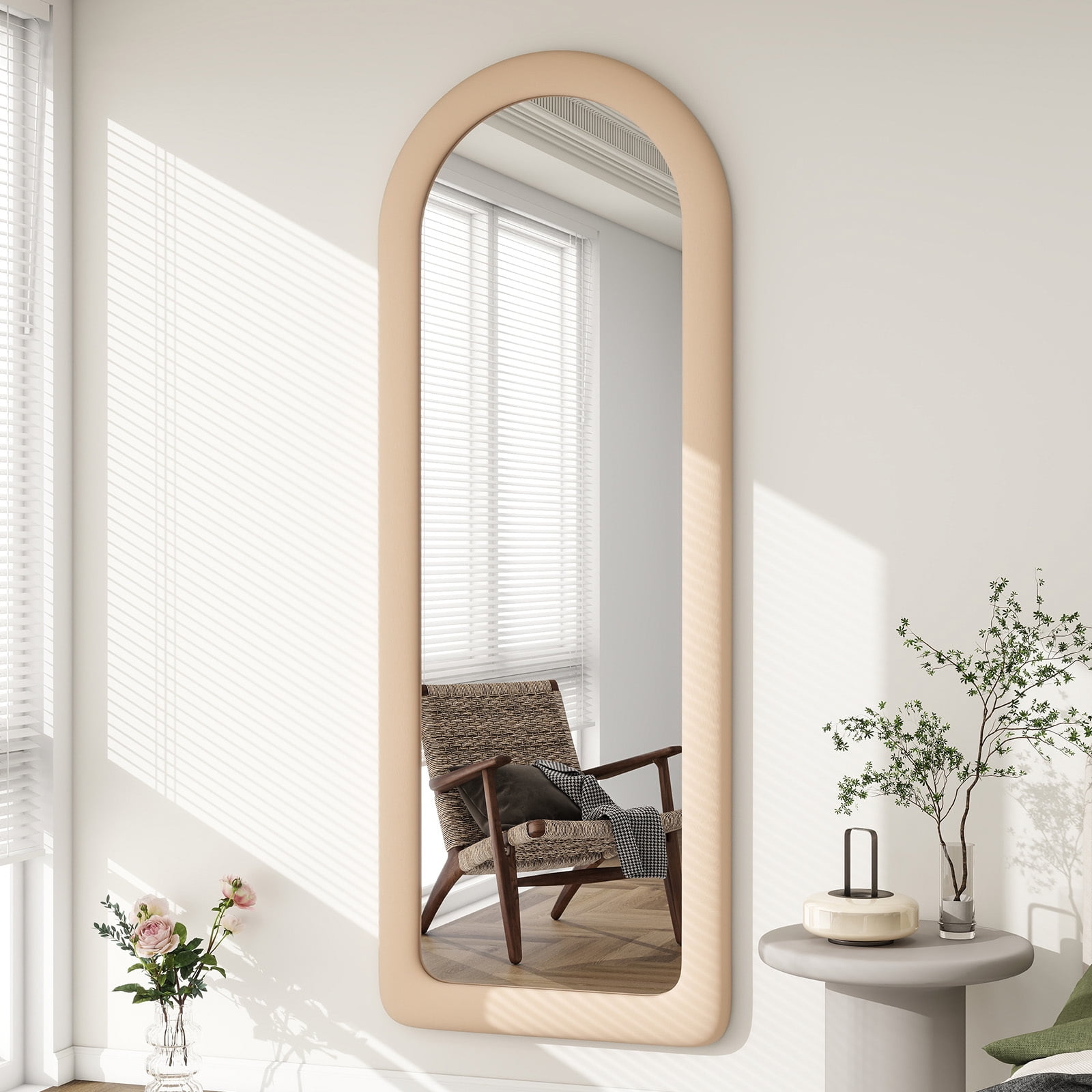 Anyrose 63"x24" Arch-Top Floor Mirror Round-Edge With Thick Flannel Frame, Light Brown - Image 5