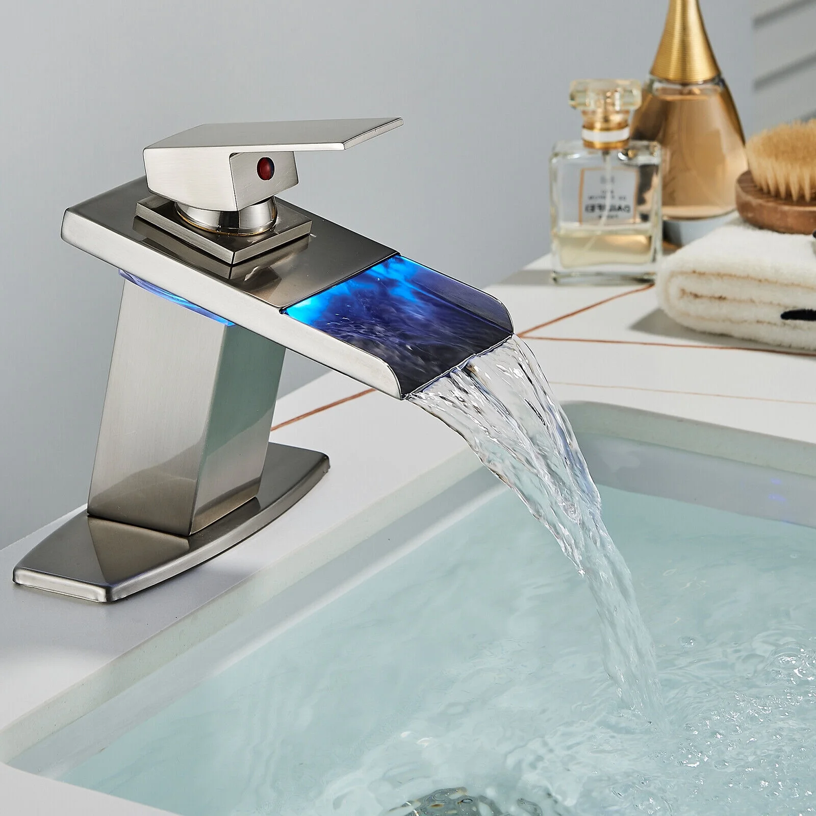 Zovajonia LED Waterfall Bathroom Faucet Brushed Nickel Single Handle Basin Sink Mixer Tap - Image 14