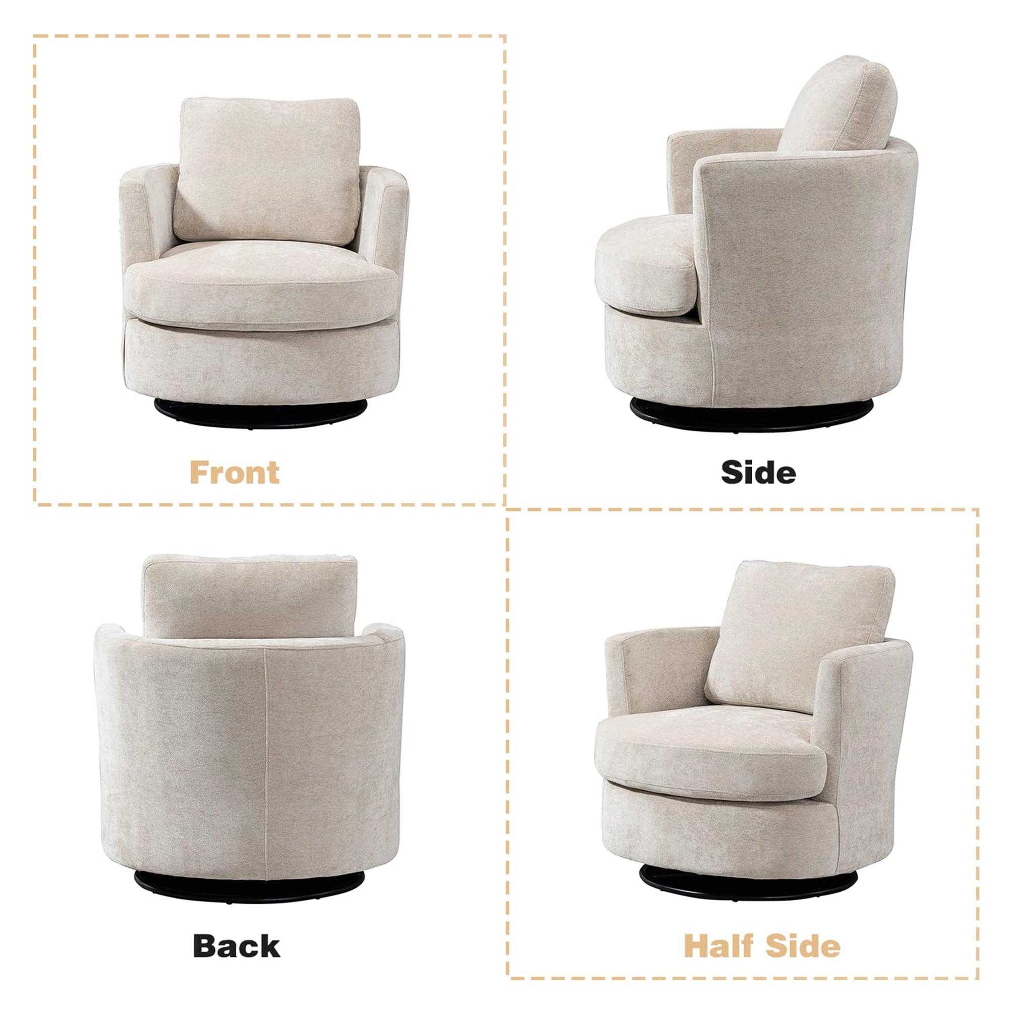 Aukfa 32" Wide Swivel Barrel Chair Accent Chair with Pillow for Living Room Bedroom, Chenille, Beige - Image 11