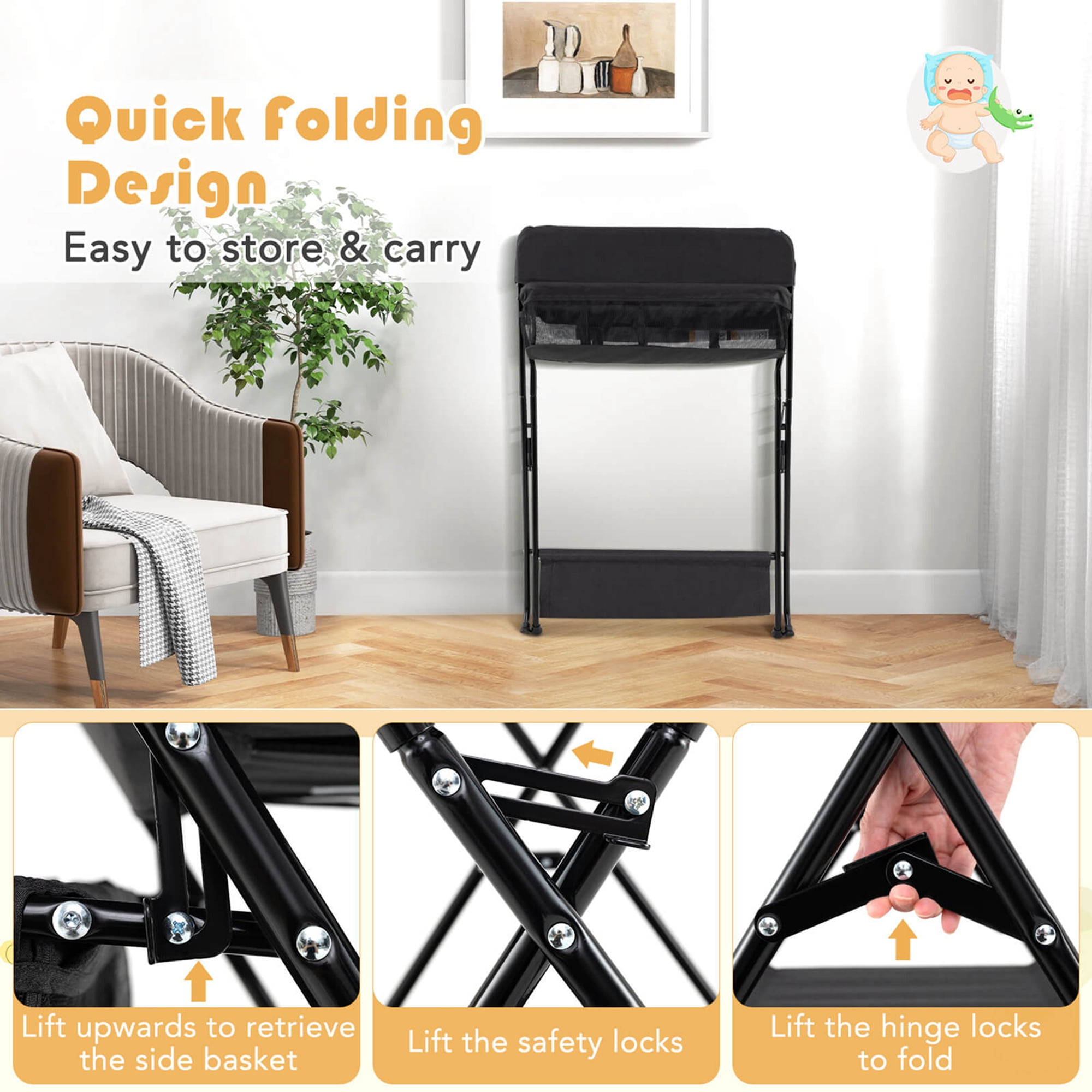 Costway Baby Infant Changing Table Folding Diaper Station Nursery with Storage Black - Image 7