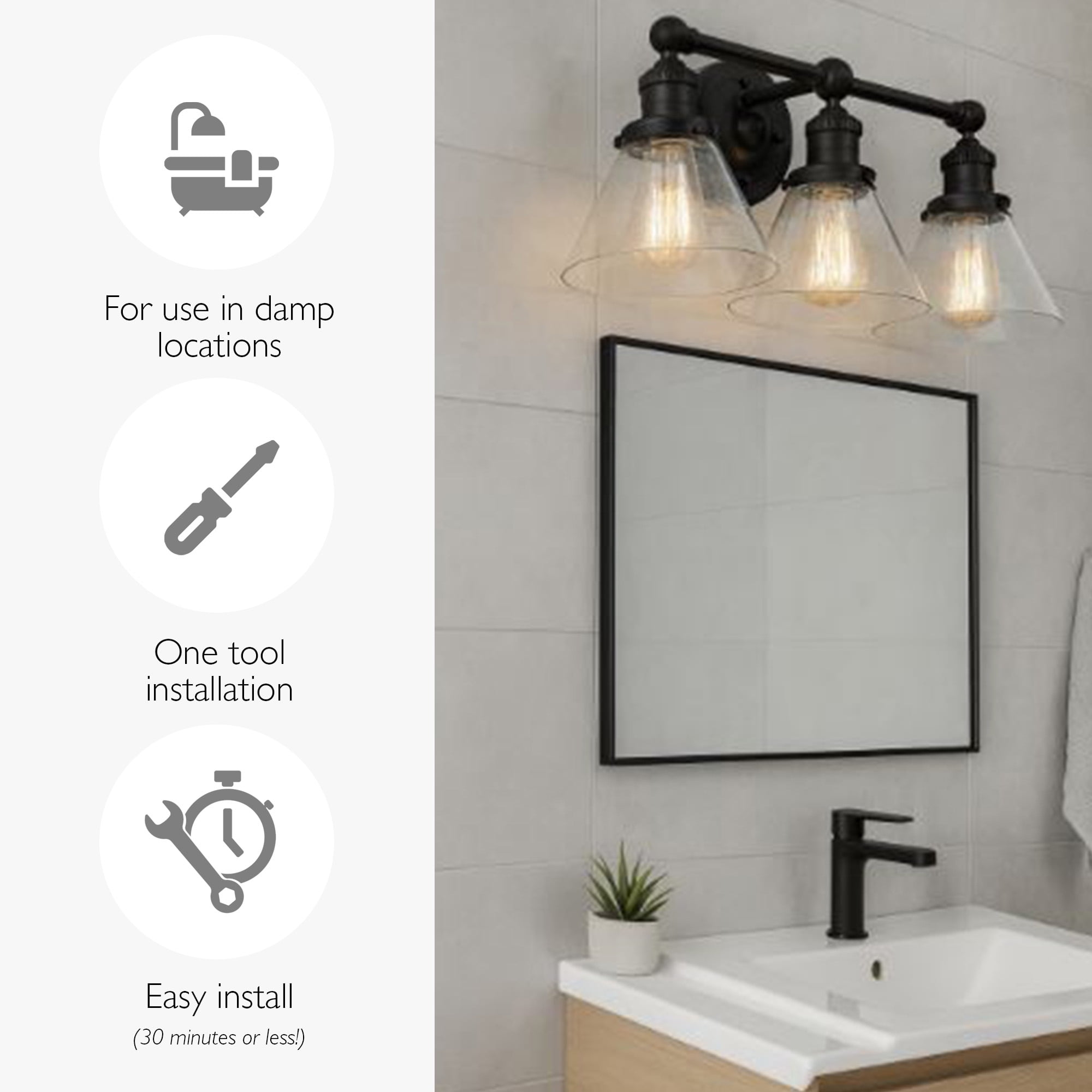 Augustin 26" Black Dimmable Modern 3-Light Vanity Light with Seeded Glass Shades - Image 4