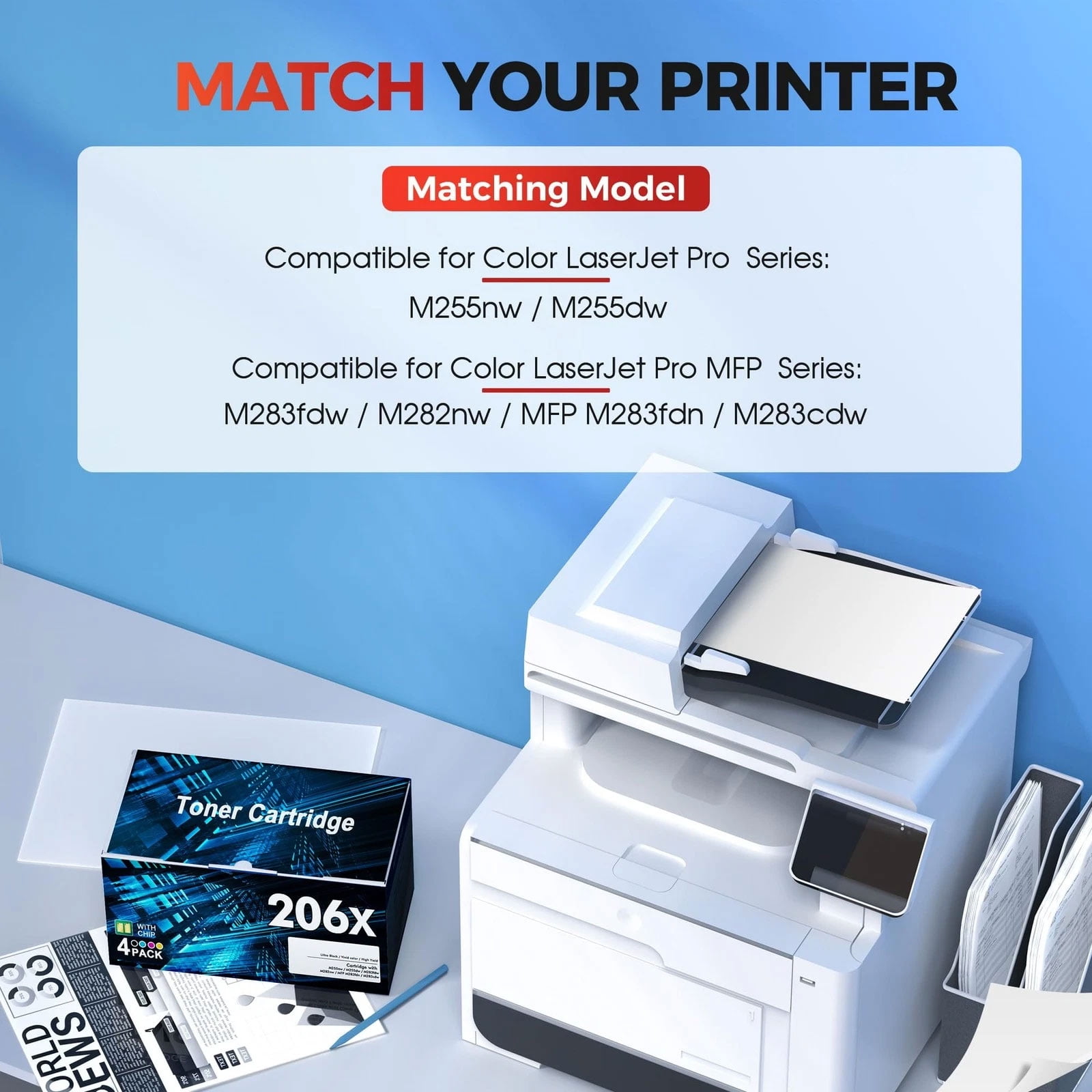 206A Toner Cartridge With Chip Compatible for HP 206A 206X W2110A W2110X Color Pro M283fdw M255dw MFP M283cdw M282nw M283 M255 (Black Cyan Yellow Magenta, 4-Pack) - Image 6