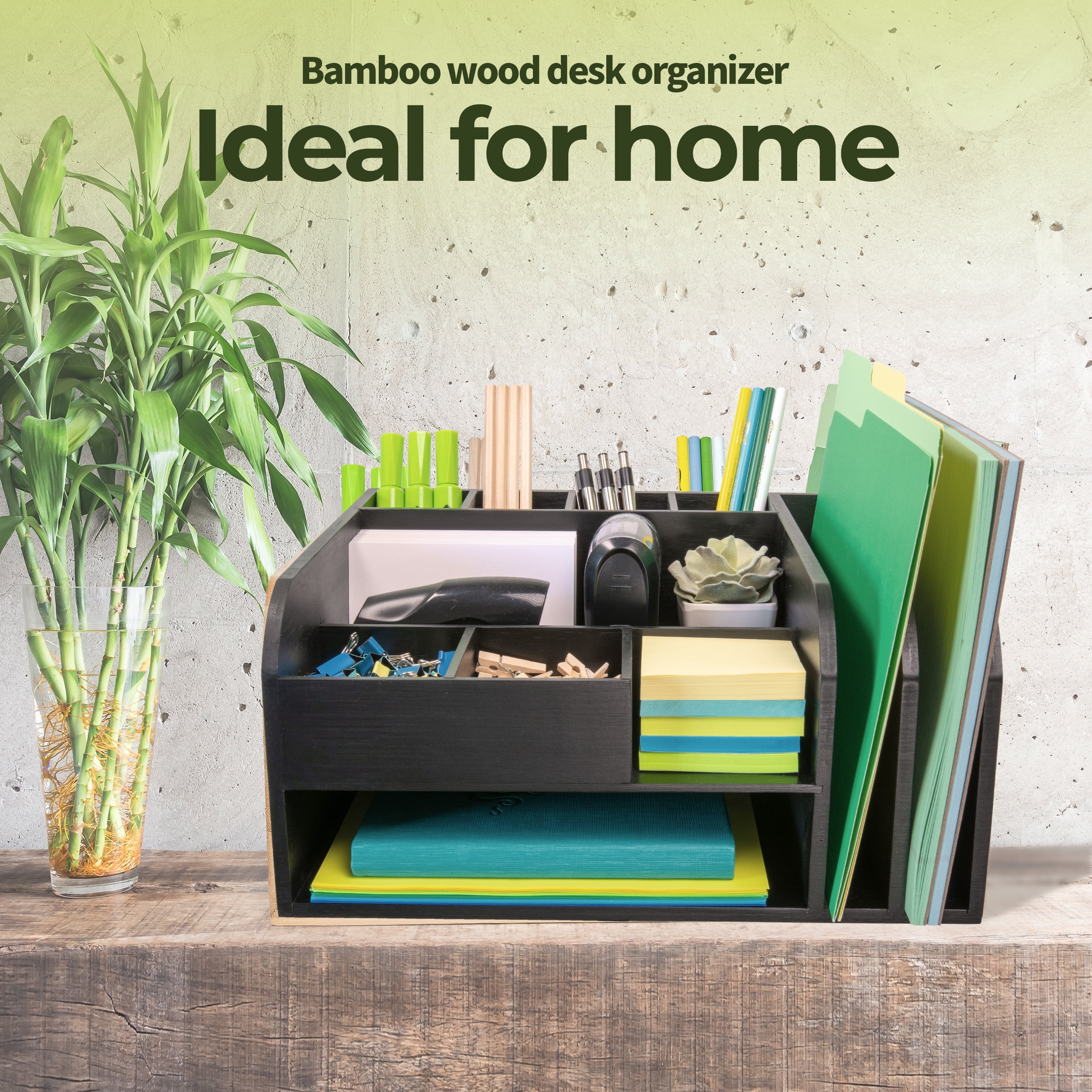 MissionMax Black Bamboo Organizer with attached Upright File Holders, Paper Tray & Storage Bins - Image 4