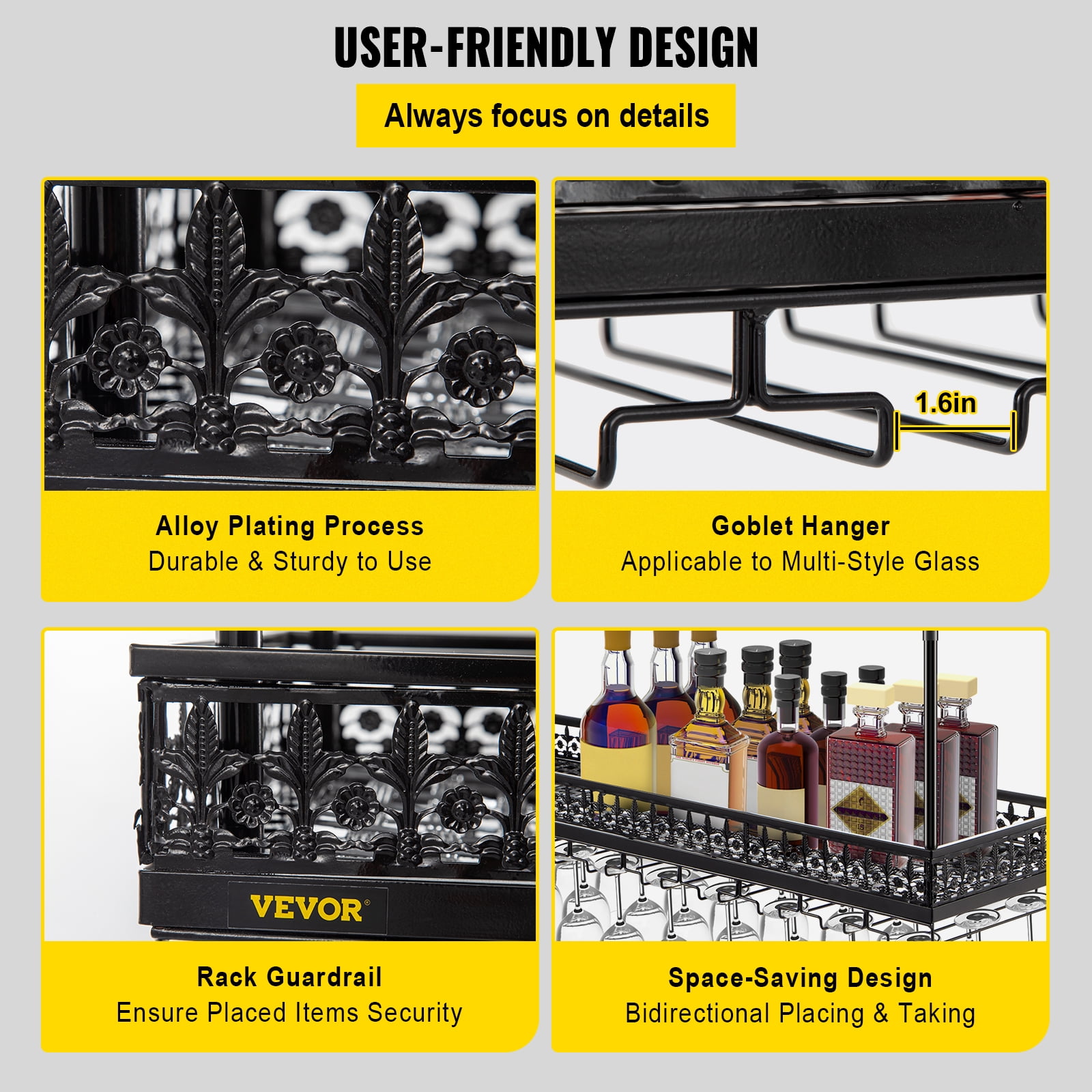 VEVOR Ceiling Wine Glass Rack, 46.9 x 13 inch Hanging Wine Glass Rack, 18.9-35.8 inch Height Adjustable Hanging Wine Rack Cabinet, Black Wall-Mounted Wine Glass Rack Perfect for Bar Cafe Kitchen - Image 3