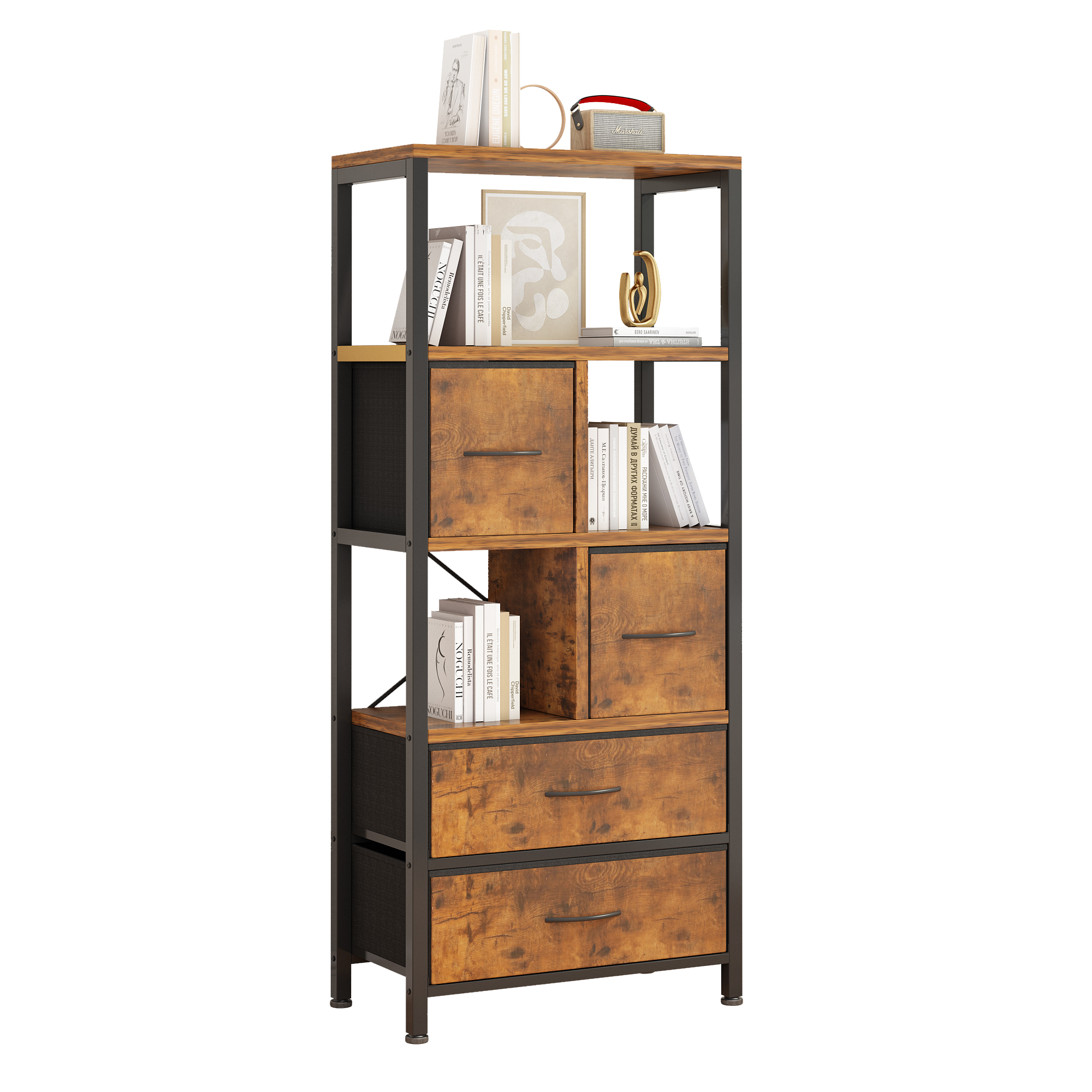 Zimtown 5-tier Iron Bookcase with 4 Drawers, Free Standing Bookshelf Storage Organizer Display shelf with Metal Frame, Brown - Image 3