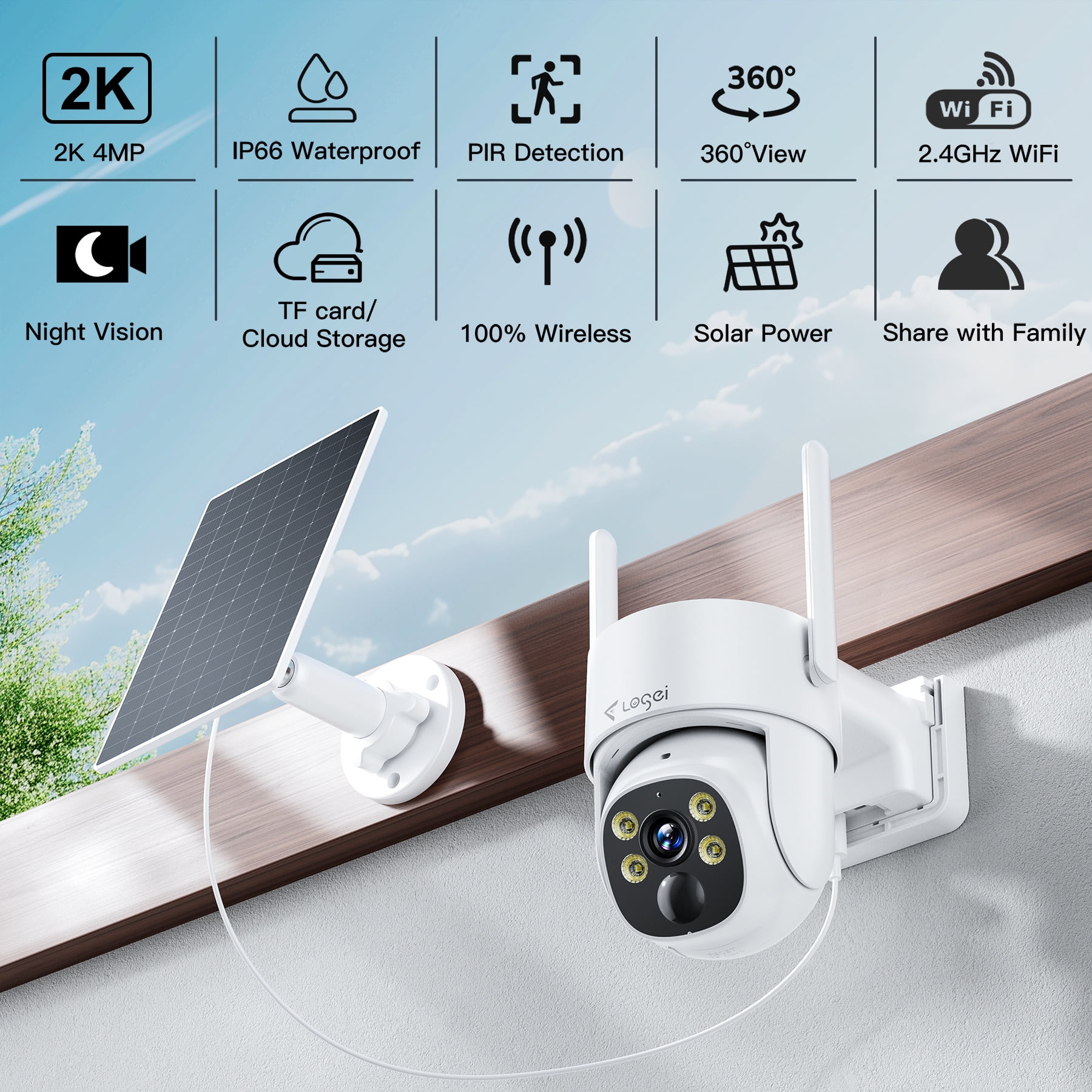 Losei 2K Solar Security Cameras Wireless Outdoor, 2.4Ghz WiFi Camera for Home Security with Spotlight, PIR Motion Detection,Siren, Color Night Vision, 2-Way Talk, IP66 Waterproof, Work with Alexa - Image 3
