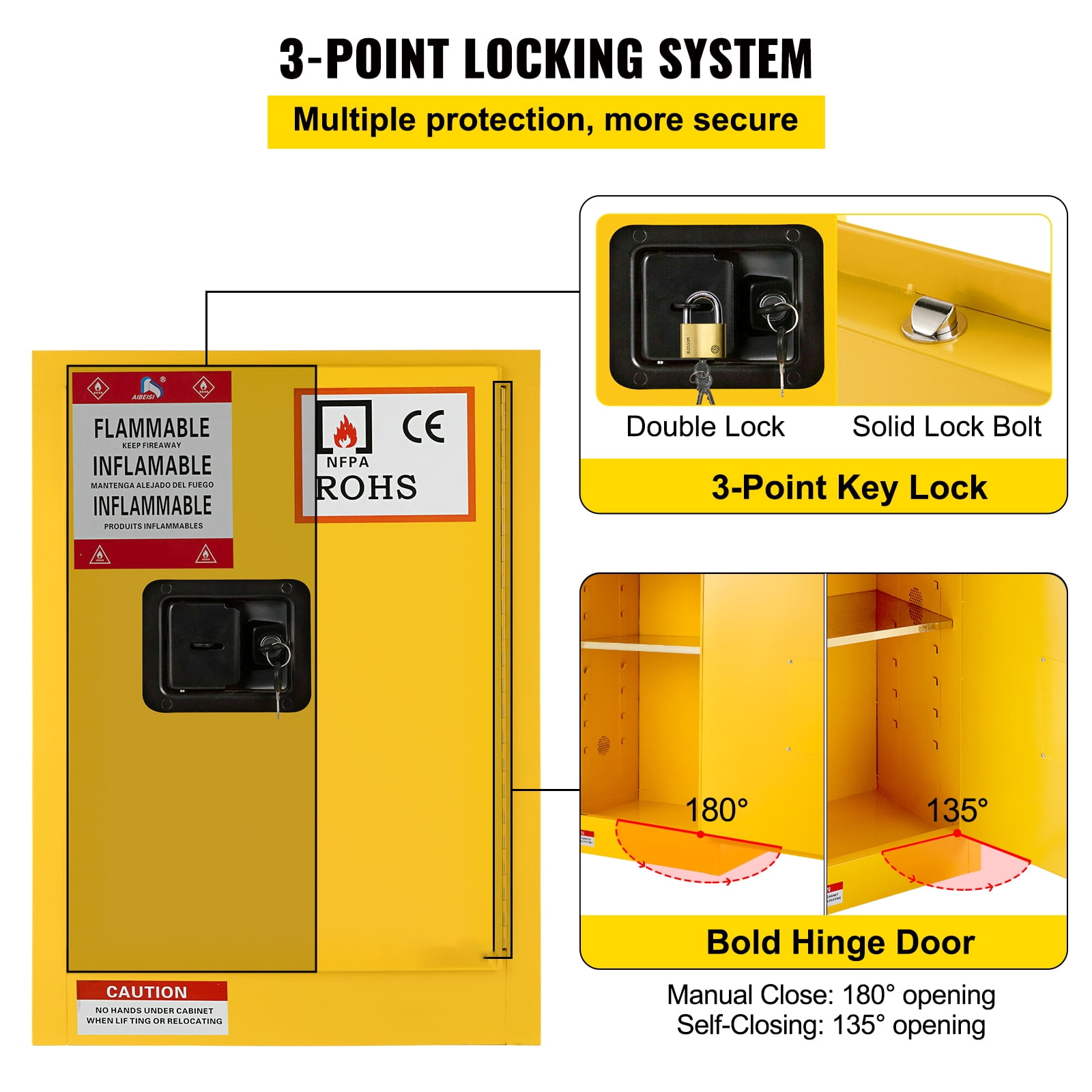 BENTISM Safety Cabinet for Flammable Liquids Single door and Manual Close Yellow Hazardous Storage 43 x 43 x 46CM - Image 5