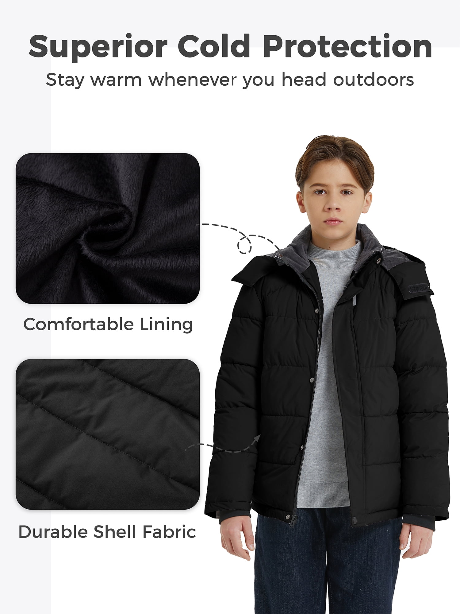 Wantdo Boy's Winter Coat Windproof Puffer Jacket Warm Winter Fleece Jacket Black 8 - Image 4