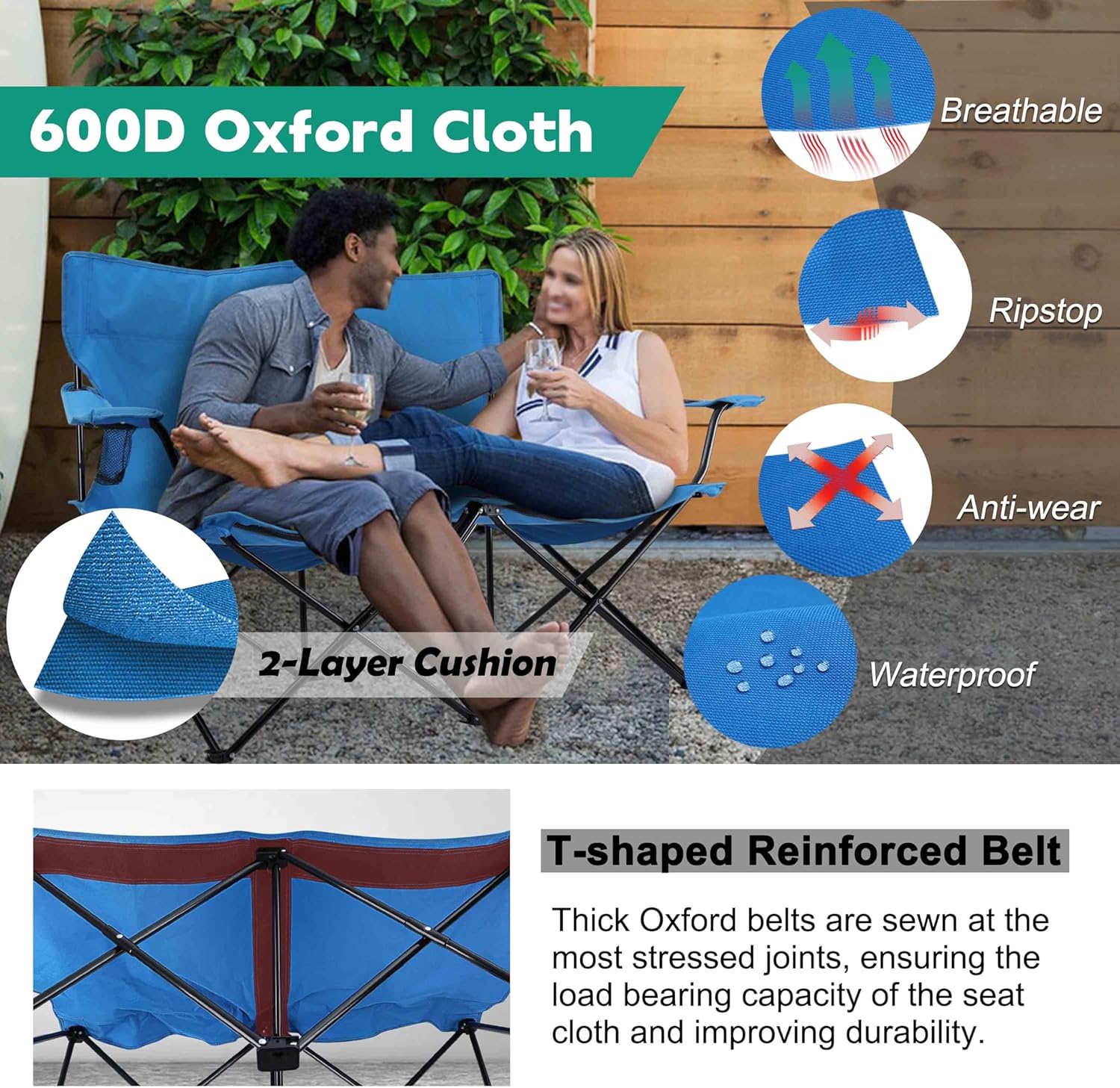 Double Camping Chair, Outdoor Folding Loveseat Chair Supports 500 LBS, Portable Oversized Lawn Chair with Cup Holders for Backpacking Hiking Picnic, Sturdy Steel Frame & 600D Oxford Fabric - Image 3
