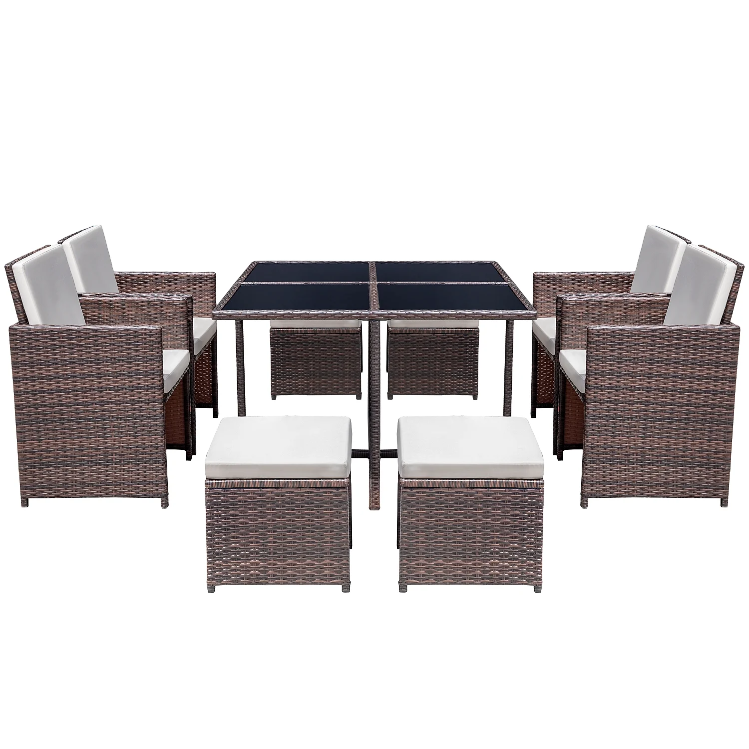 Lacoo 9 Pieces Patio Dining Sets Tempered Glass Table Cushioned Chairs with Ottoman 8 Seating Capacity, Beige - Image 2