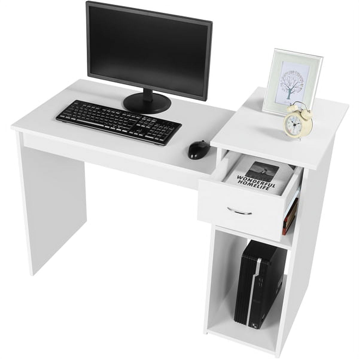 Alden Design Home Office Computer Desk with Drawer and Storage, White - Image 3