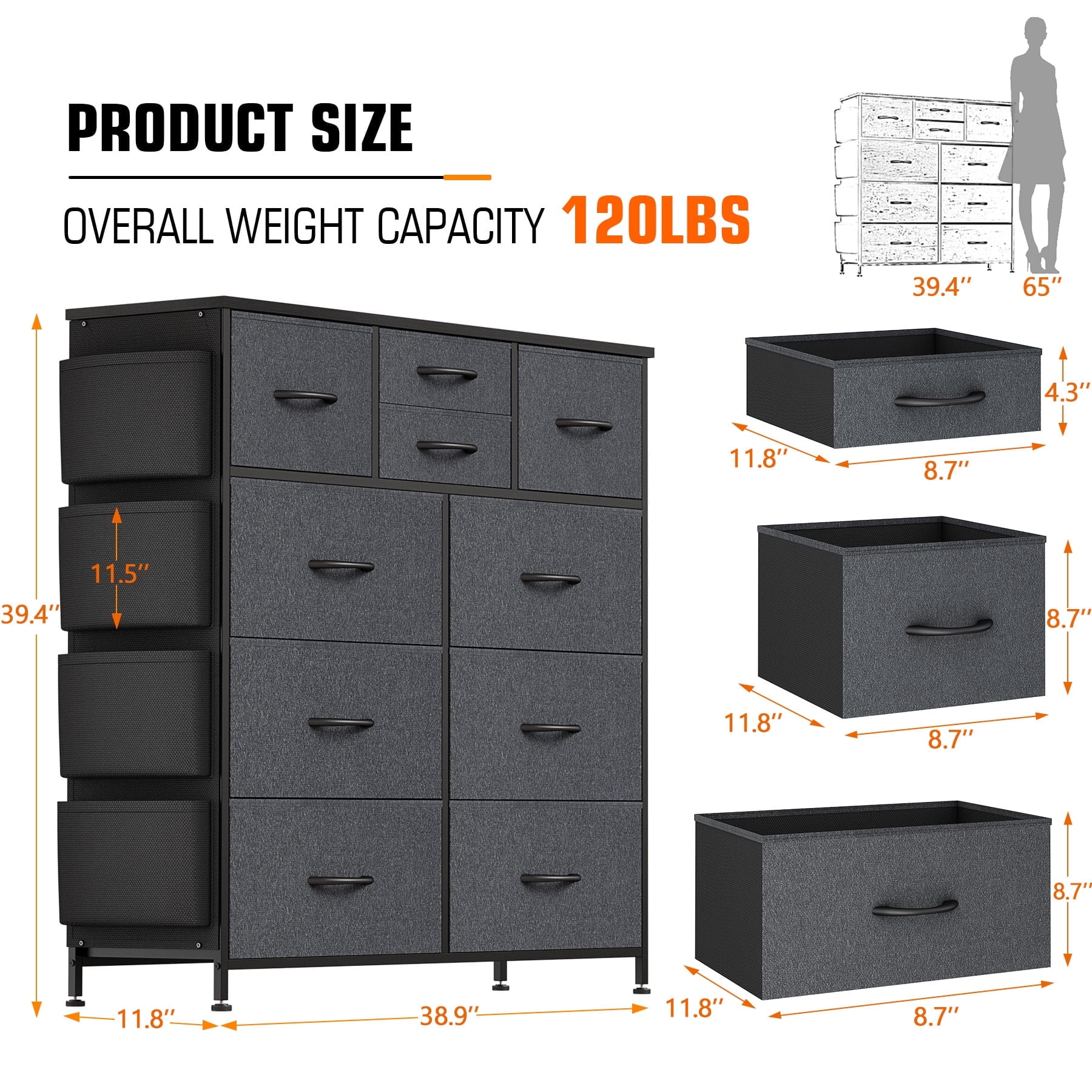 Aowos 10 Drawer Dresser, Chest of Drawers Dressers for Bedroom with 4 Side Pockets and 2 Hooks, Dark Grey - Image 8