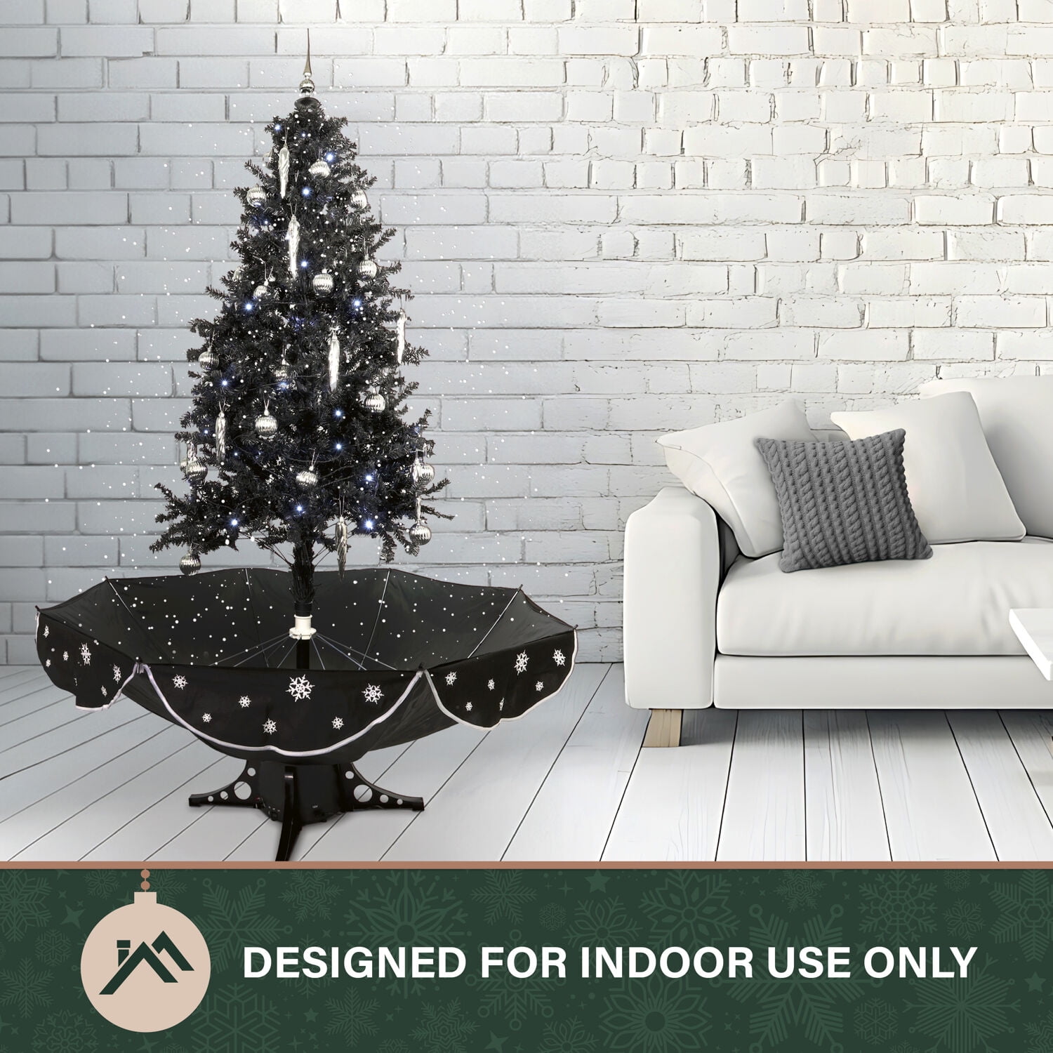 Fraser Hill Farm White Prelit LED Black Decorated Pine Musical Christmas Tree, with Umbrella Base 6.25' - Image 5