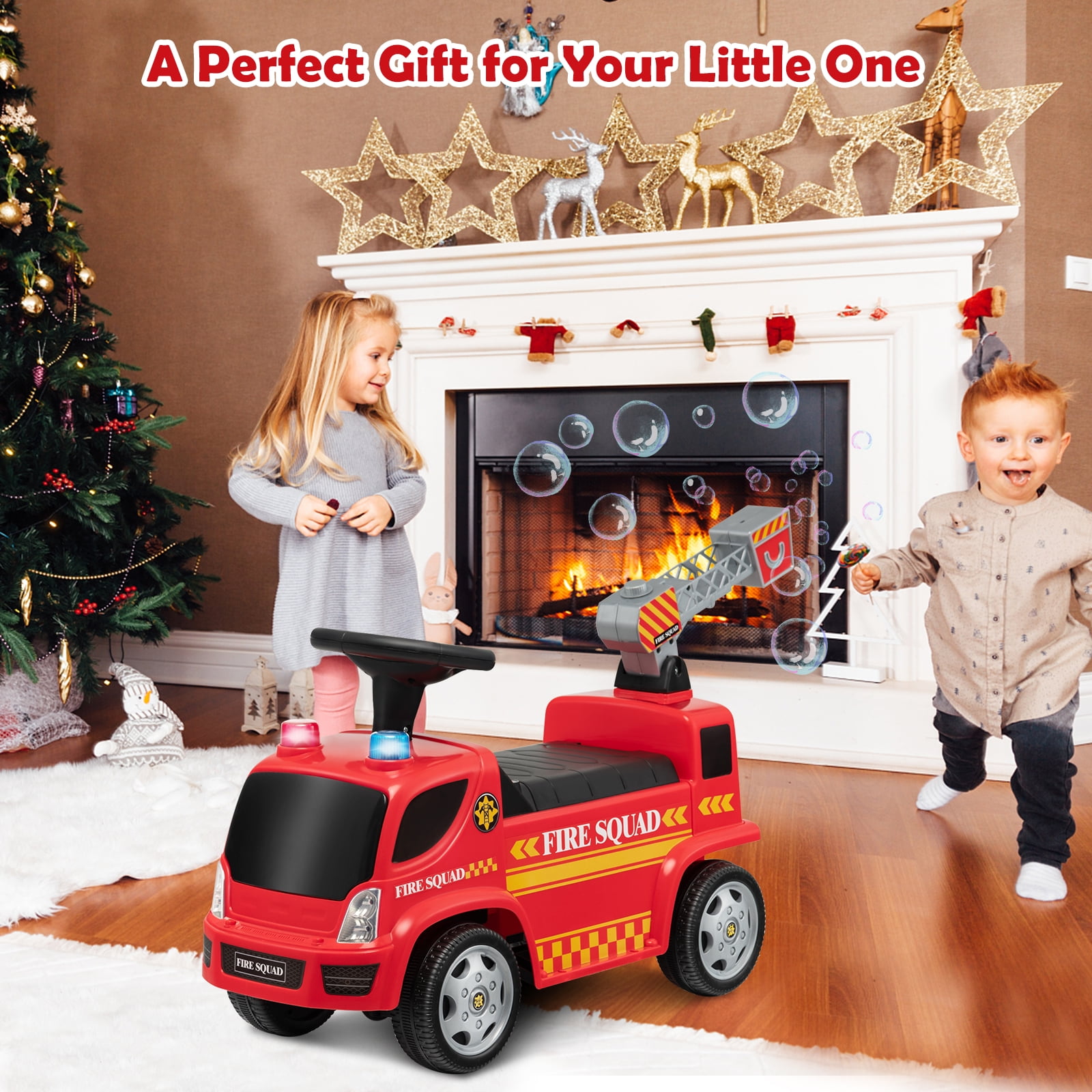 Costway Kids Ride On Fire Truck Foot-to-Floor Sliding Push Car w/ Music & Bubble Maker - Image 7