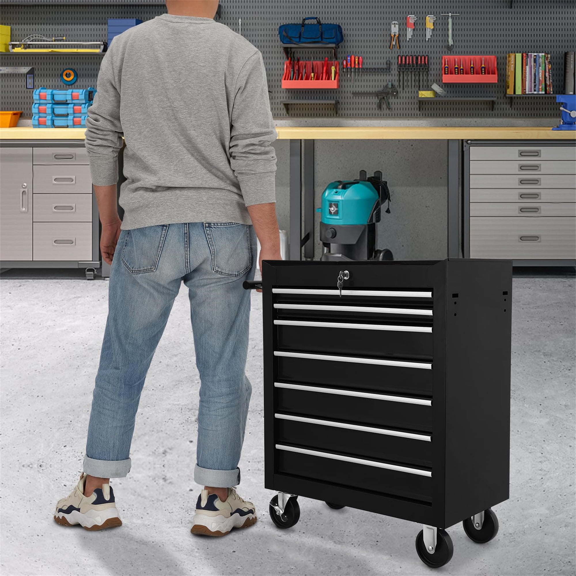 Aukfa Tool Chest, 24.5 in 7-Drawer Steel Rolling Tool Box on Wheels for Workshop Garage, Black - Image 11
