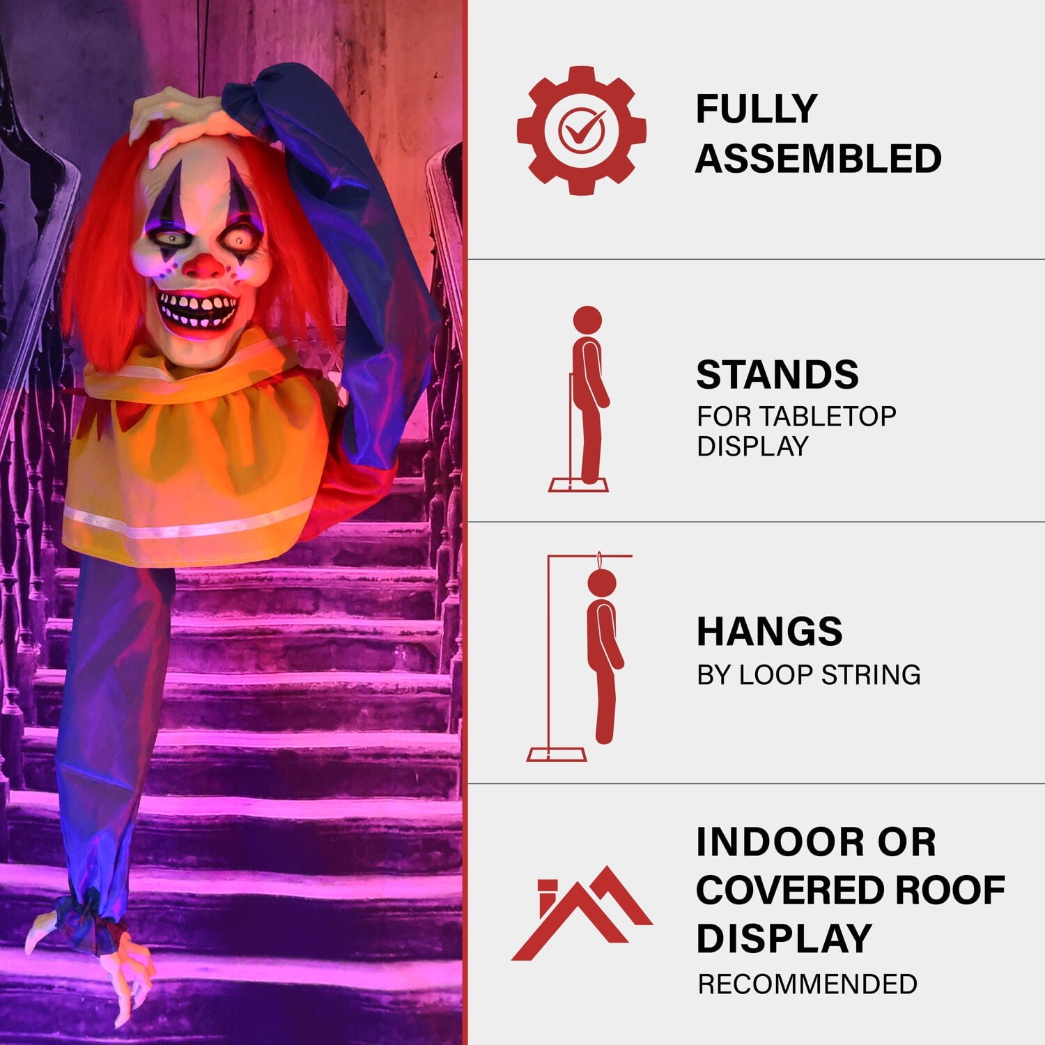 Haunted Hill Farm 20" Animatronic Pop-Up Talking Clown Head with Light-Up Eyes for Scary Halloween Tabletop Decoration, HHCLOWN-29FLSA - Image 11