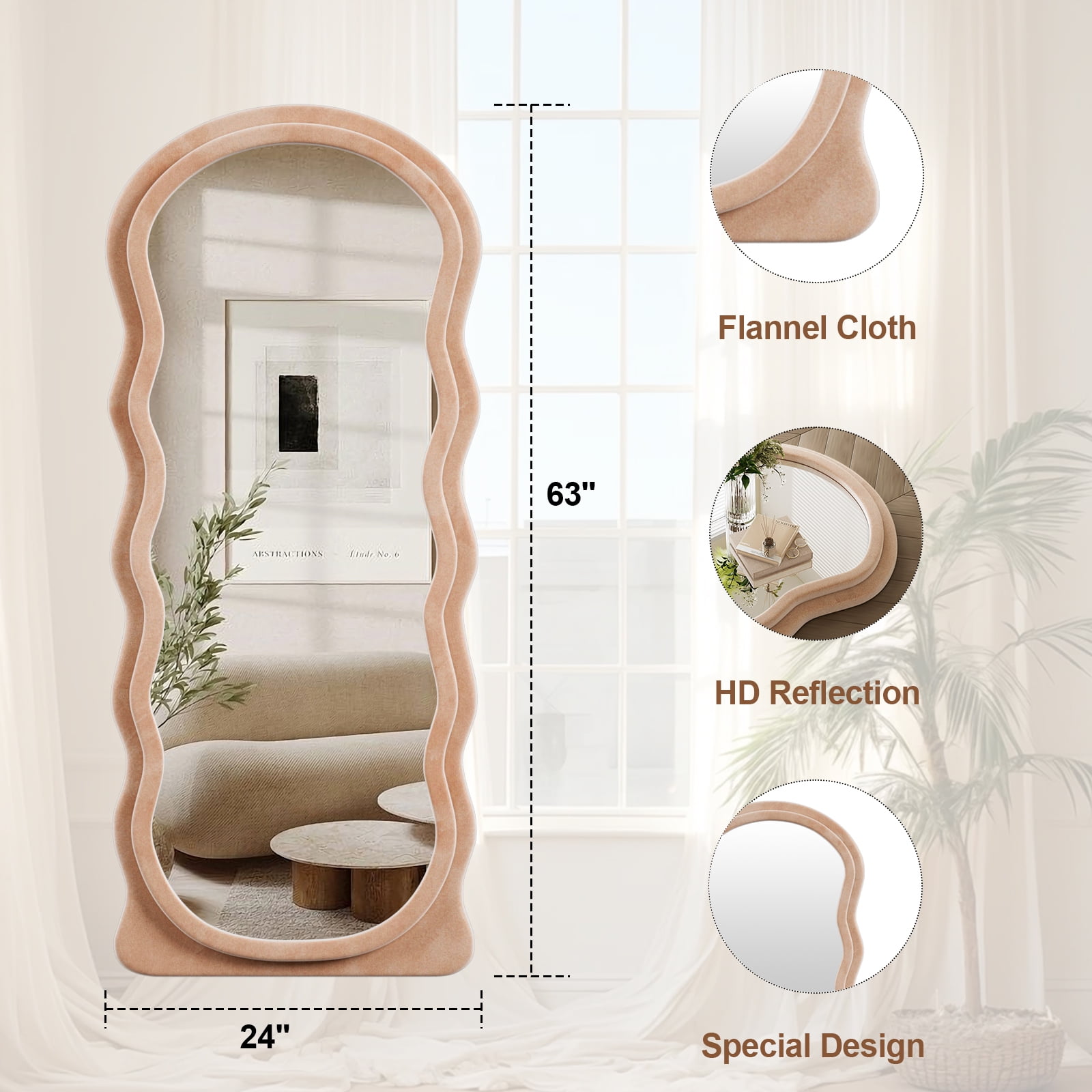 Anyrose 63"x24" Irregular Wavy Mirror Full Length Mirror With Flannel Frame, Light Brown - Image 5