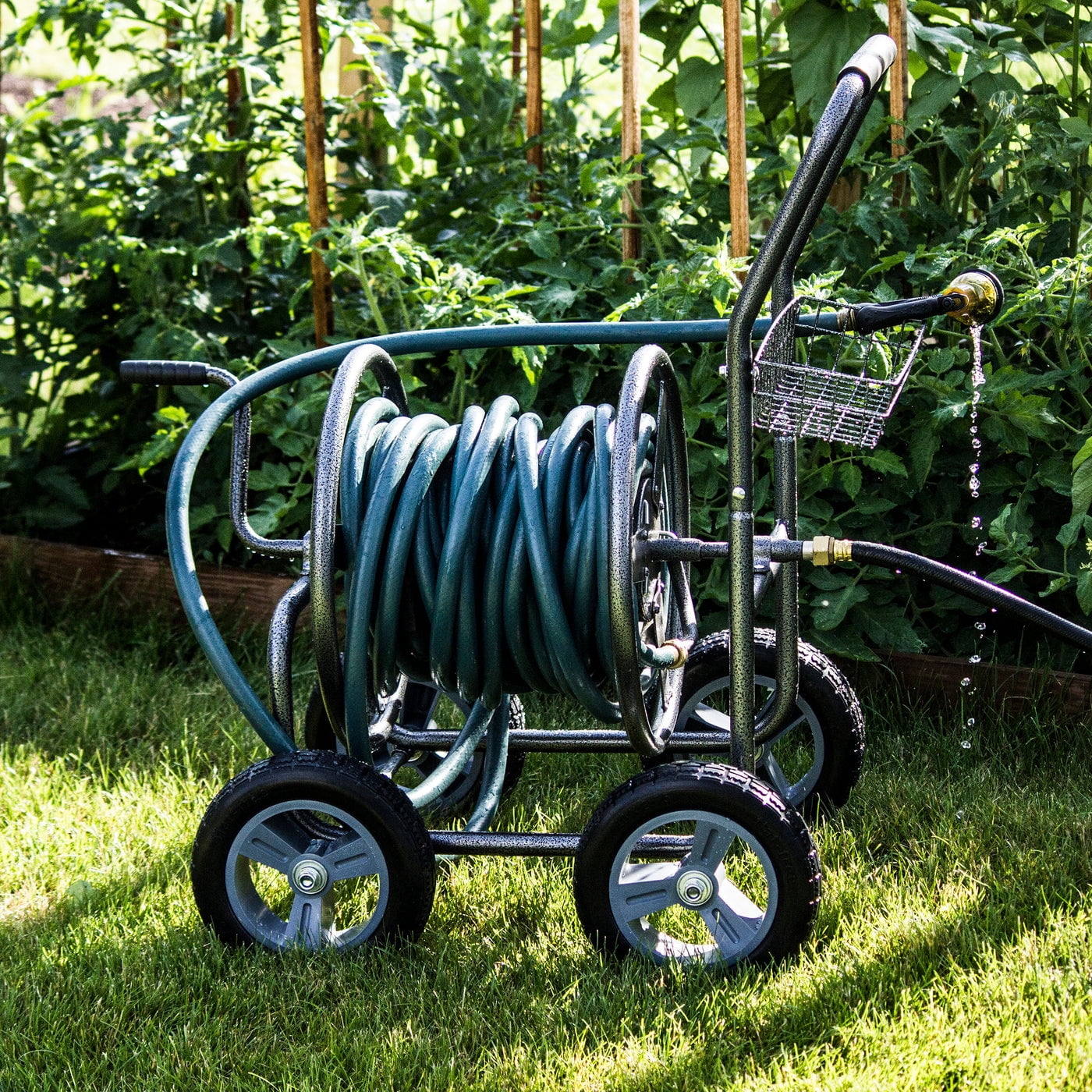 Backyard Expressions Commercial Four Wheel Hose Reel Cart - Heavy Duty Rolling Hose Caddie for Gardening - 350 Ft Hose Capacity - Image 6