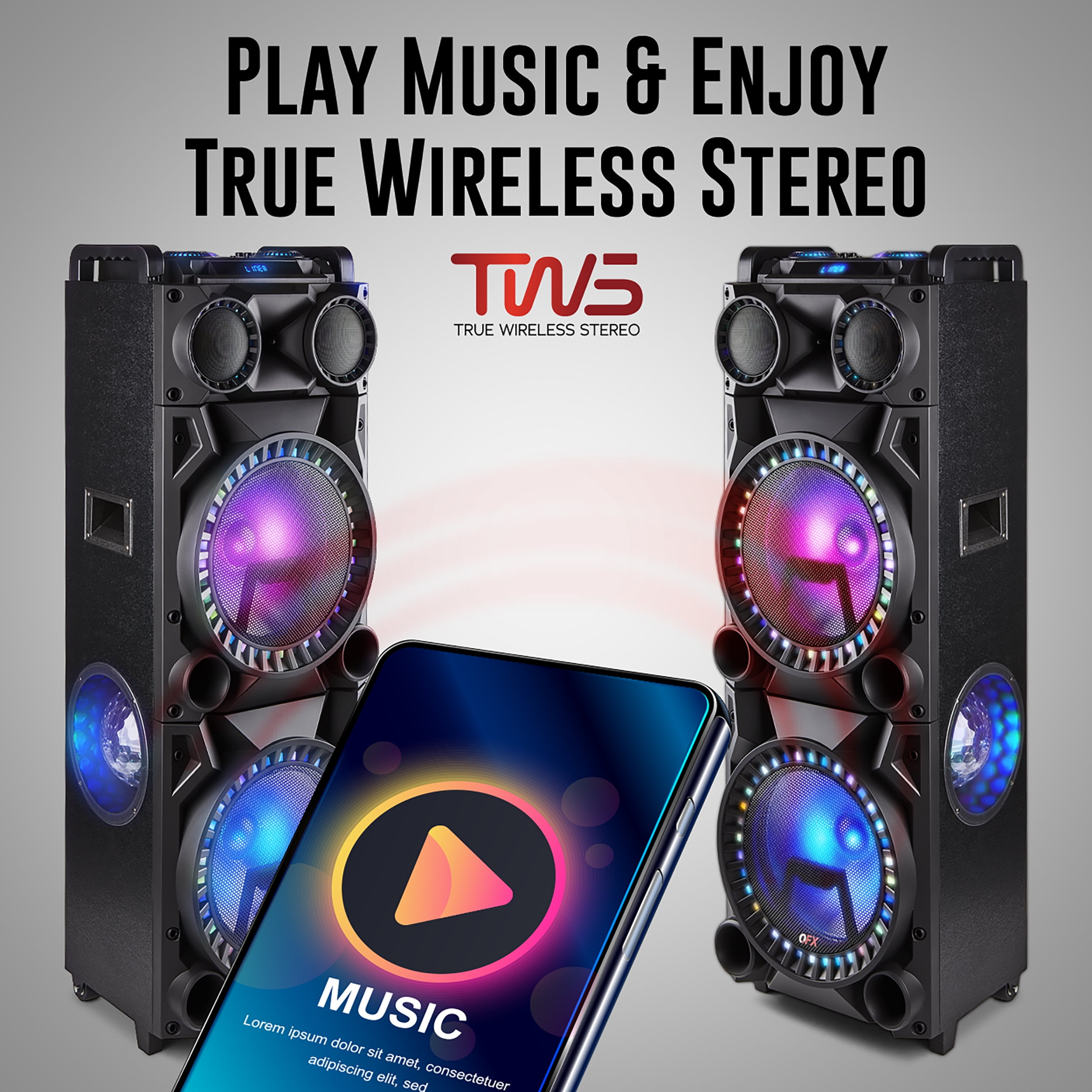 QFX PBX-1215 DUAL 12” BLUETOOTH RECHARGEABLE SPEAKER WITH LED PARTY LIGHTS, INCLUDES REMOTE CONTROL - Image 7