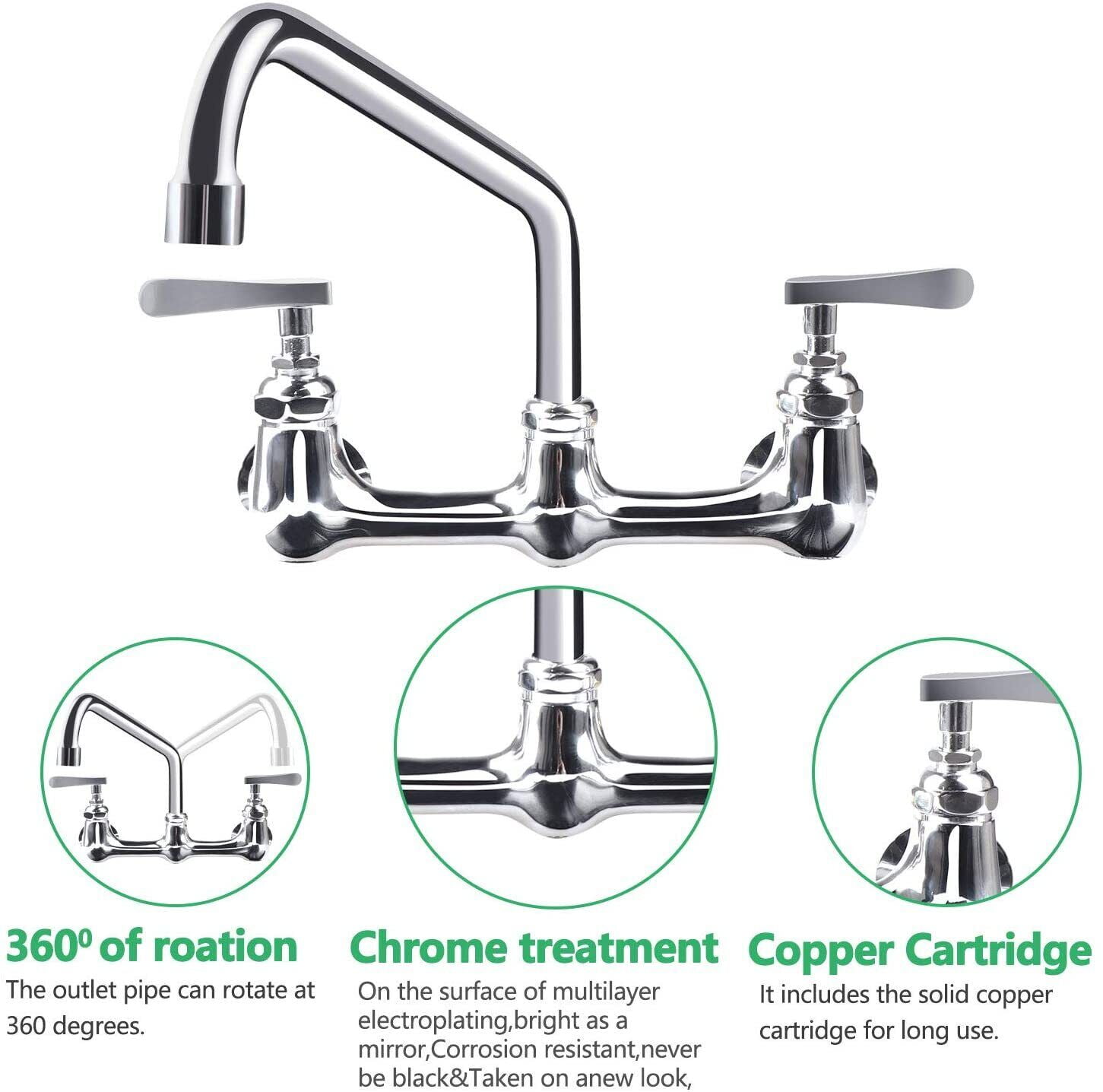 Zovajonia Commercial Kitchen Faucet 8 Inch Center Wall Mount 2Handle Swivel Sink Mixer Tap Polished Chrome - Image 8
