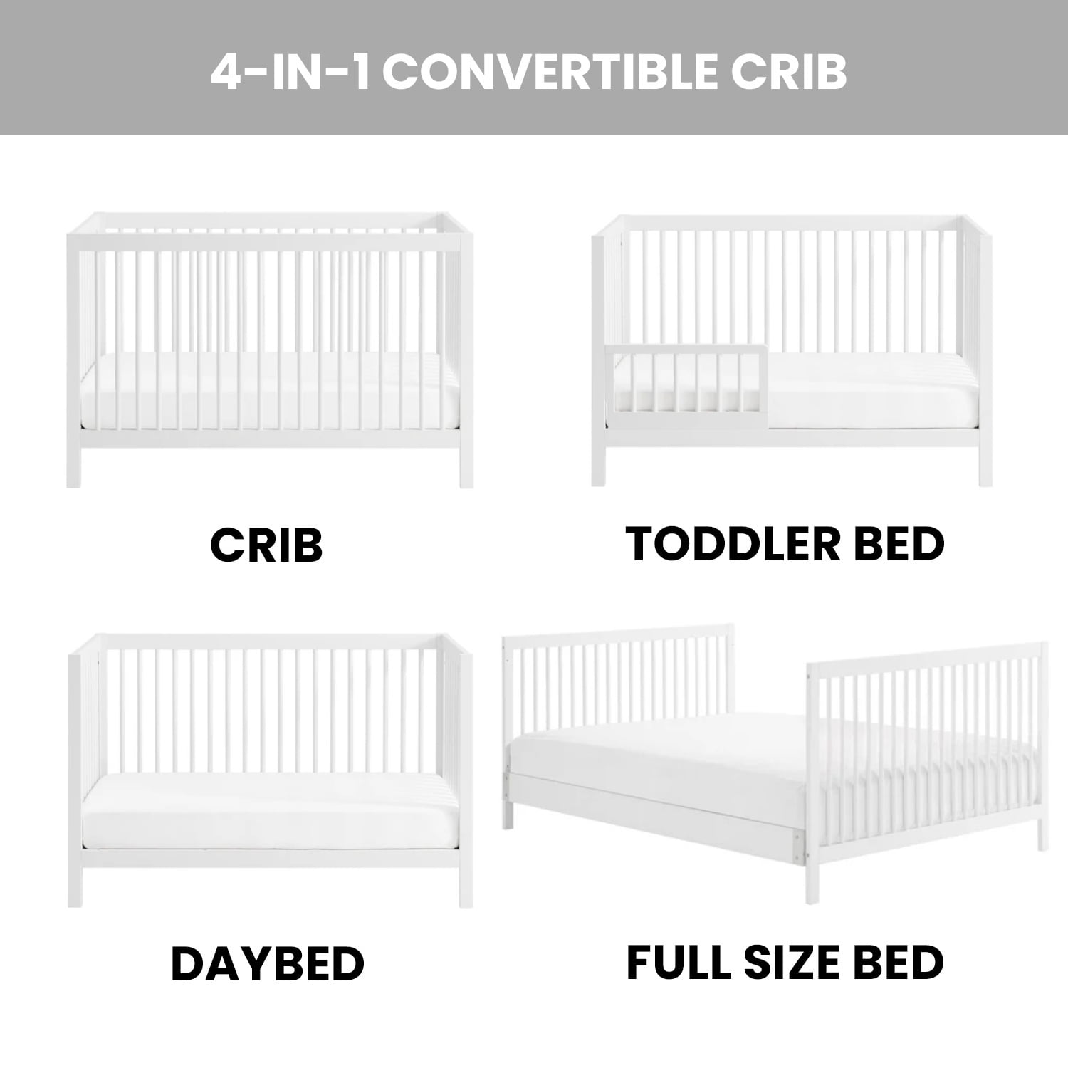 Oxford Baby Essential Island Full Size 4-in-1 Convertible Crib with Round Spindles, White - Image 7