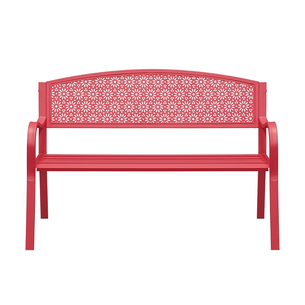 Abble Outdoor Metal Garden Bench Steel Patio Loveseat Park Bench, Red - Image 6