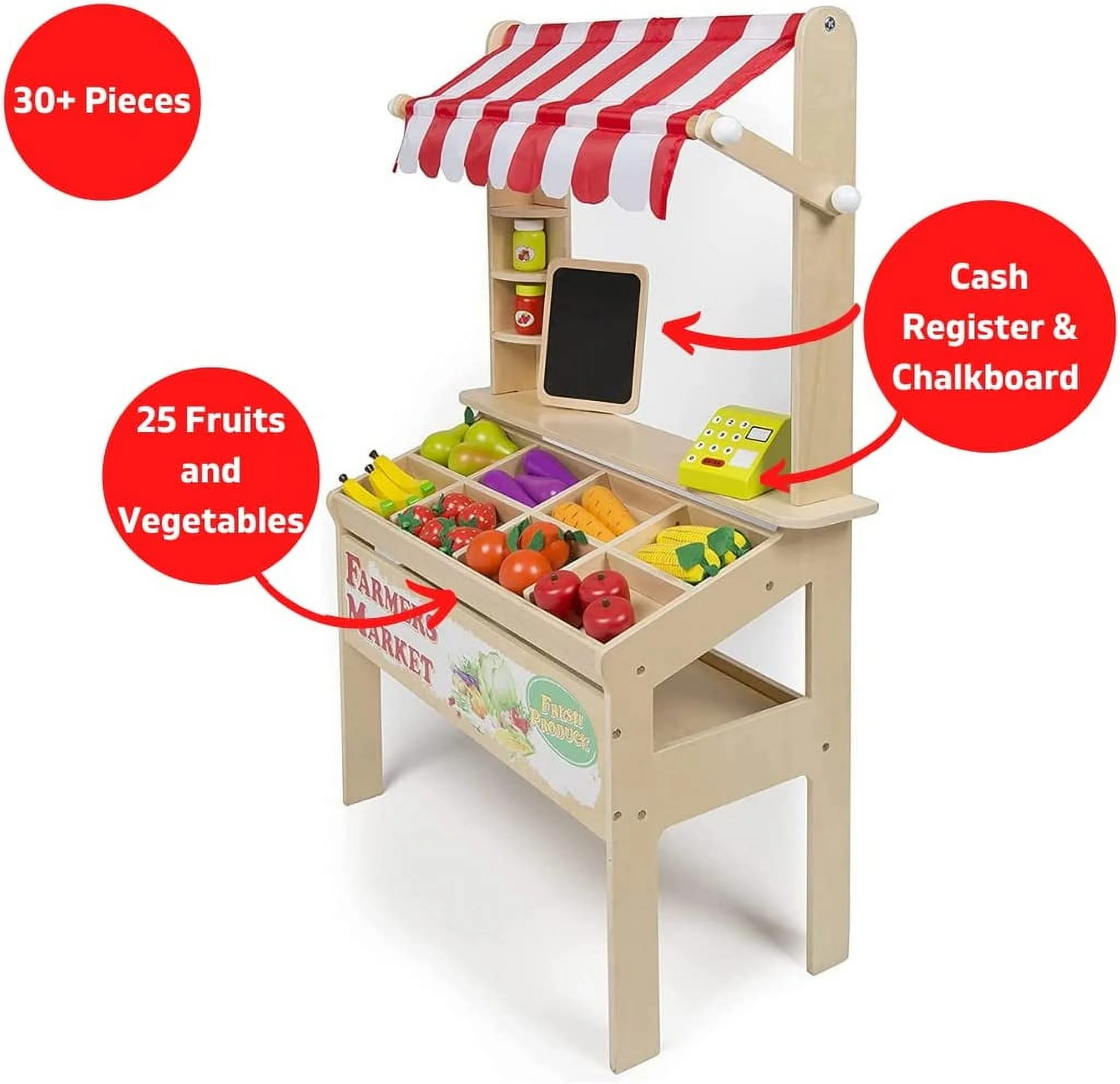 Wooden Farmers Market Stand - Kid's Playroom Furniture, Grocery Stand for Pretend Play (30+ Pieces) - Includes Fruit, Veggies, Chalkboard, and Cash Register, Fun Indoor Activity Set, Natural Wood - Image 3