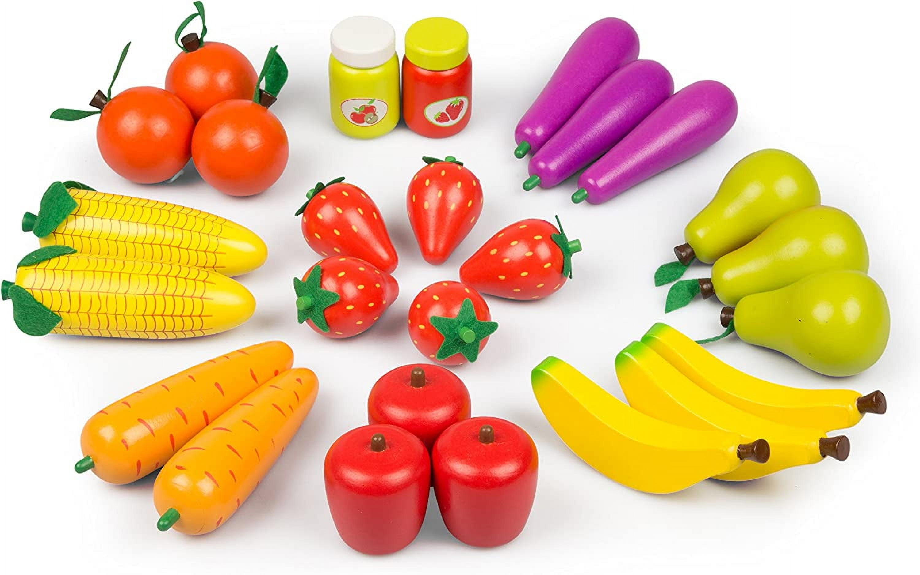 Wooden Farmers Market Stand - Kid's Playroom Furniture, Grocery Stand for Pretend Play (30+ Pieces) - Includes Fruit, Veggies, Chalkboard, and Cash Register, Fun Indoor Activity Set, Natural Wood - Image 4