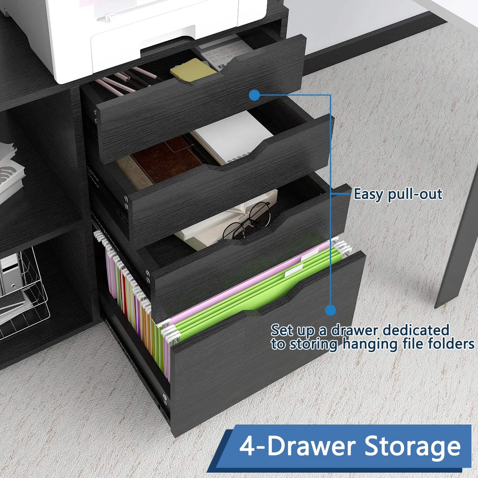 Natwind Mobile File Cabinet with 4 Drawers, Printer Stand with 3 Open Storage Shelves, Lateral Filing Cabinet for Home Office, Fits A4/Letter Size(Black) - Image 3