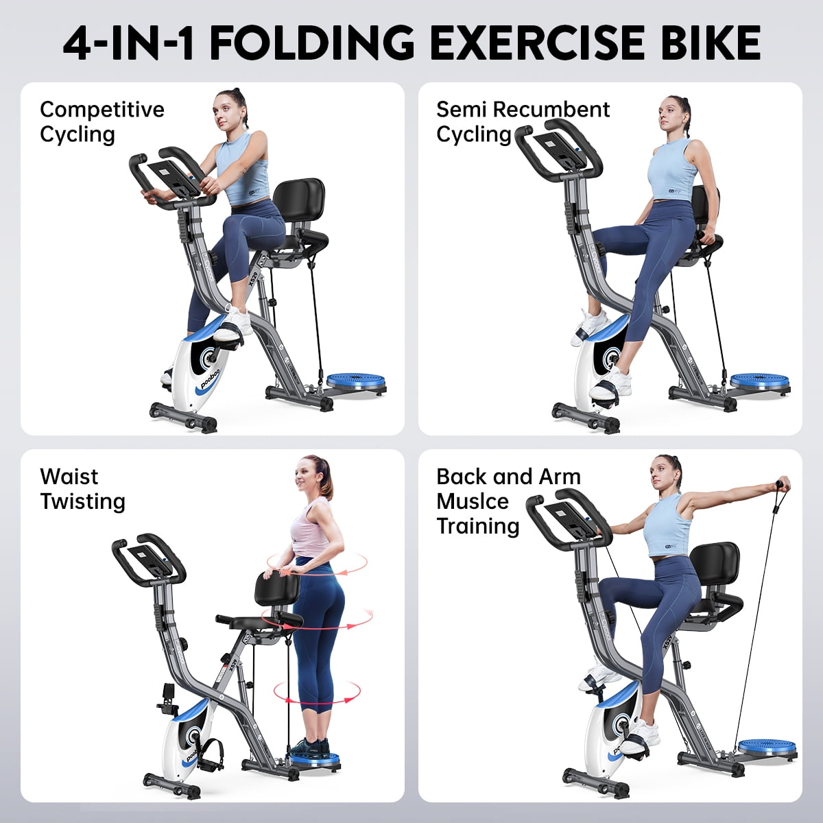 Pooboo 4in1 Folding Exercise Bike Indoor Home Cycling Bike Stationary Magnetic Cycling Bicycle X Bike Gym Workout 300 lbs - Image 9