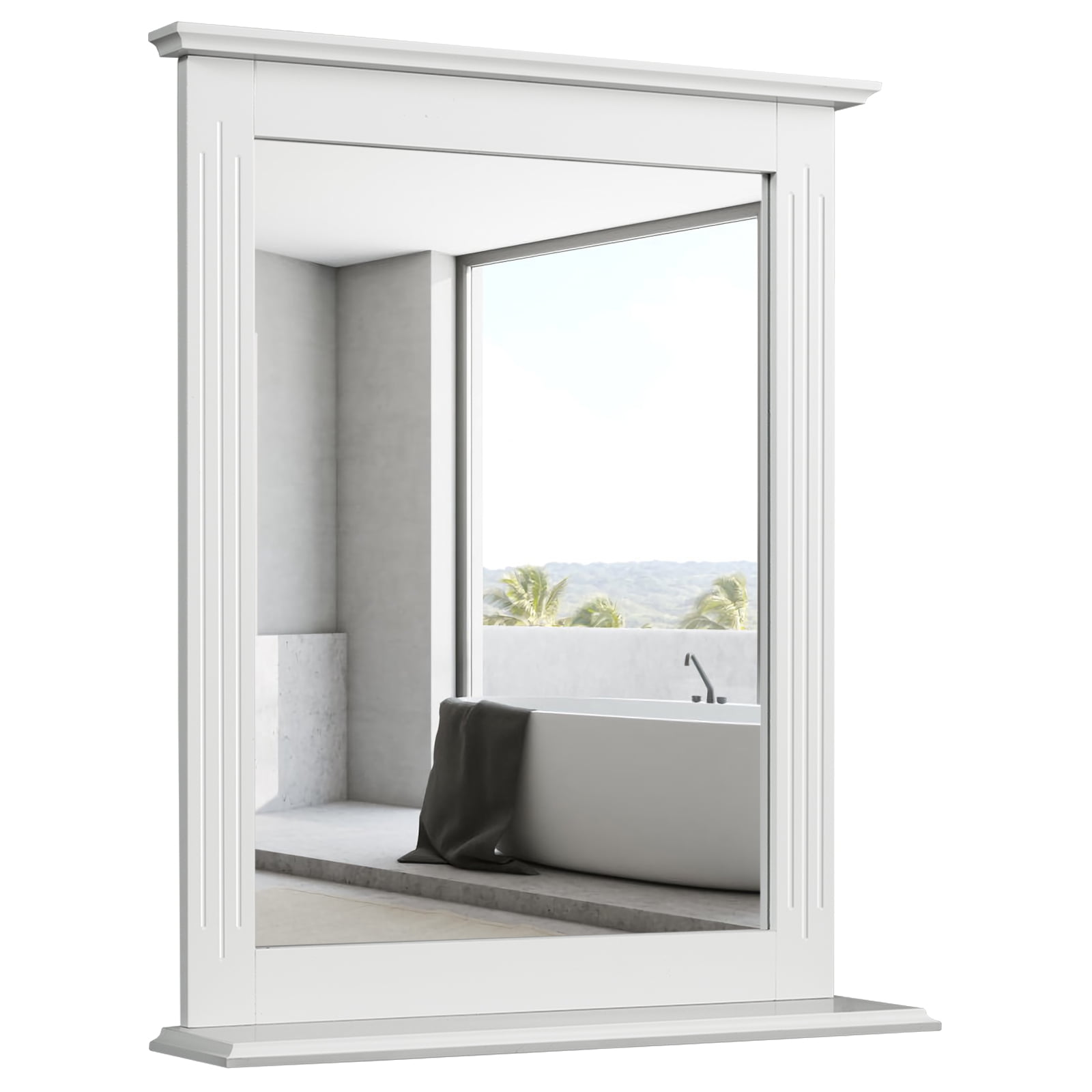 Topbuy Square Vanity Makeup Mirror Bathroom Wall Mirror w/ Holding Shelf White - Image 4