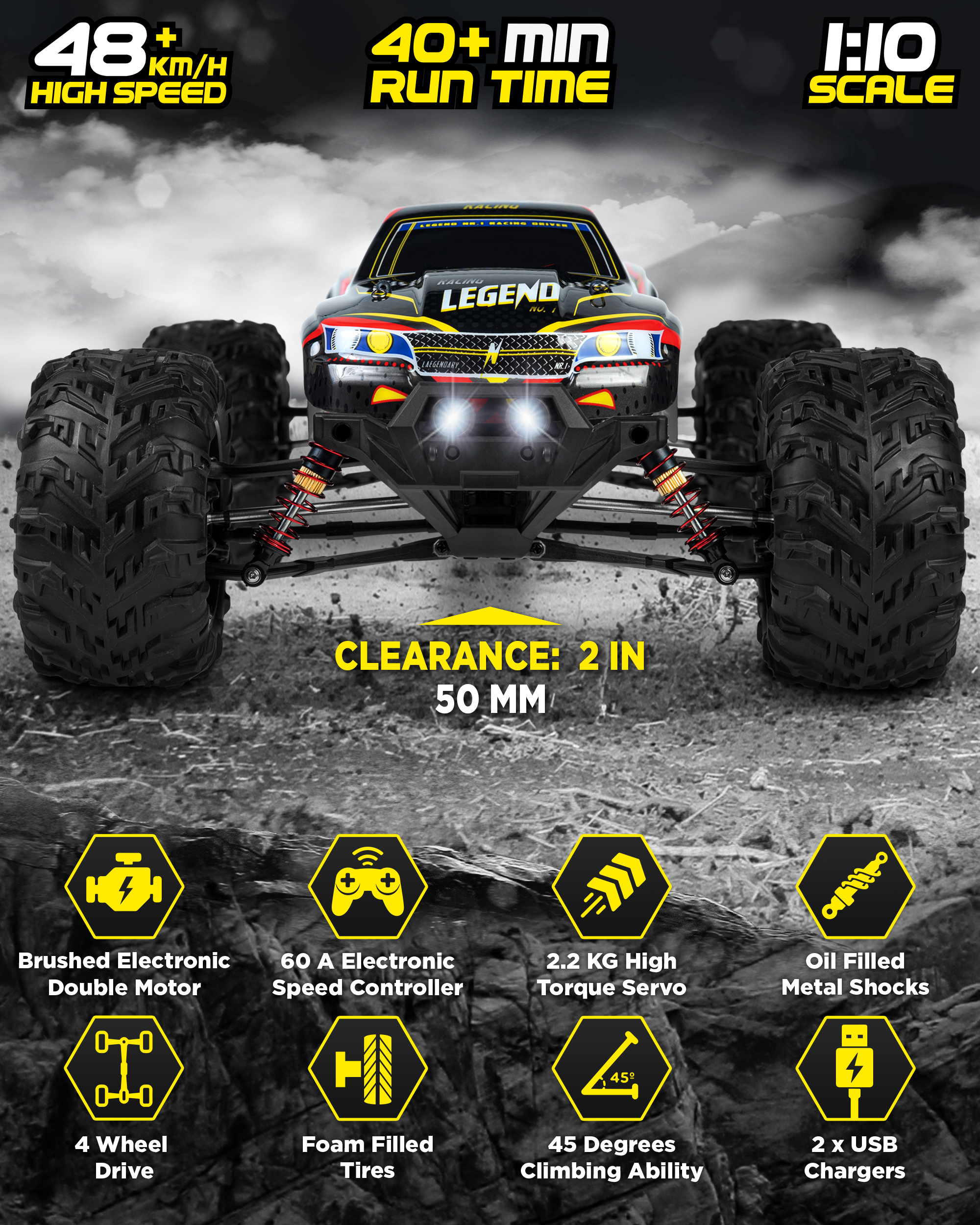 1:10 Scale Large RC Cars 48+ kmh Speed - Boys Remote Control Car 4x4 Off Road Monster Truck Electric - All Terrain Waterproof Toys Trucks for Kids and Adults - 2 Batteries + Connector for 40+ Min Play - Image 5