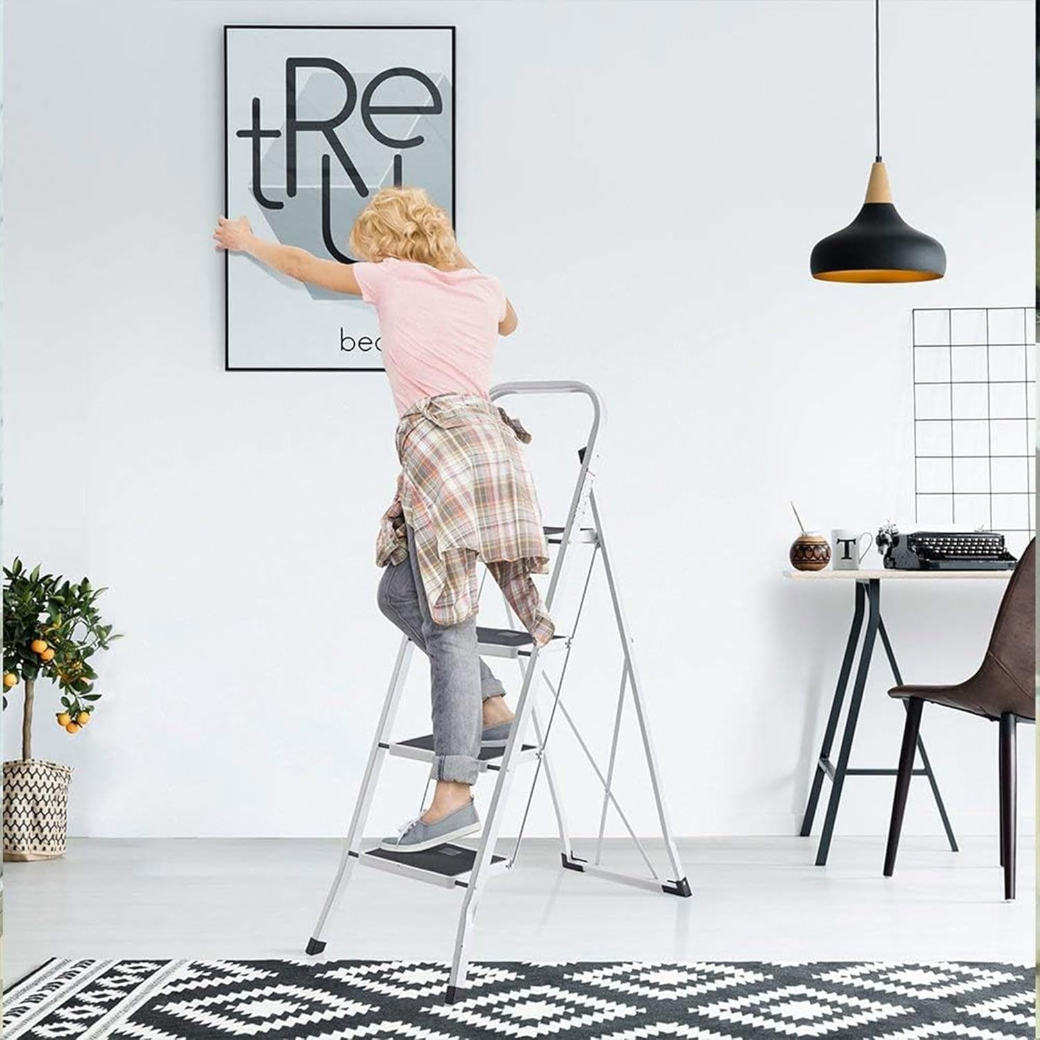 4 Step Ladder, Upgo Folding Step Stool with Extra Wide Anti-Slip Pedal, 330lbs Lightweight Portable Sturdy Steel Ladders with Handgrip for Household Kitchen Office Outdoor - Image 4