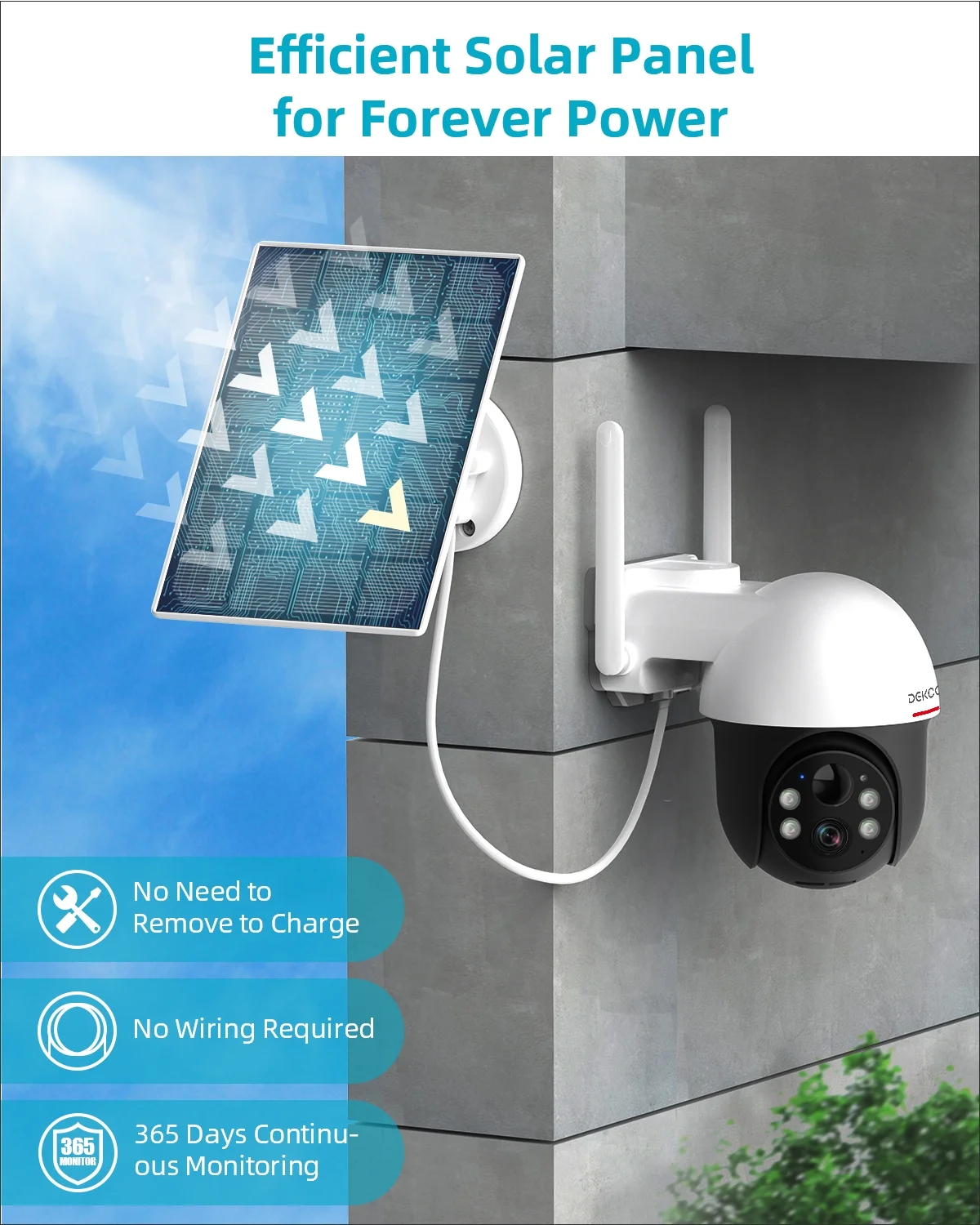 2K Solar Security Cameras Wireless Wifi with Spotlight & Siren, DEKCO Outdoor Camera 360° View,Color Night Vision,Motion Detection, 2-Way Audio - Image 3